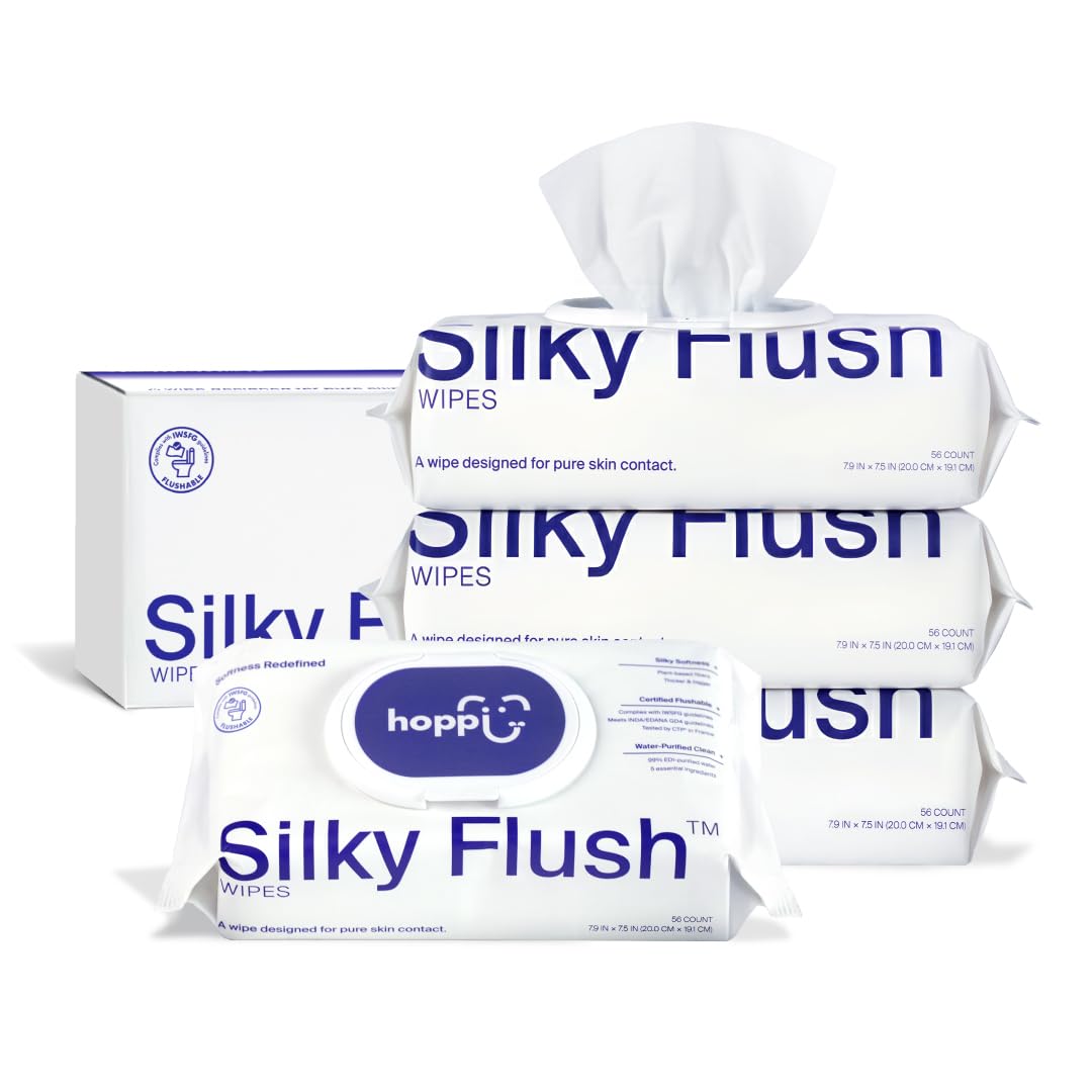 Hoppi Flushable Wipes for Toddlers, Silky Flush Designed for Kids Potty Training, Hypoallergenic, 99% Water, Plant-Based, Fragrance Free, Sewer & Septic Safe Baby Water Wipes, 4 Pack (224 Wipes)
