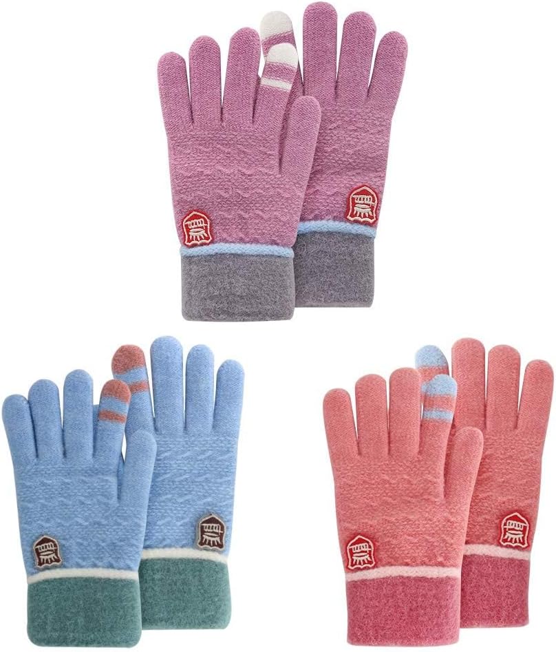 Kids Winter Gloves for Boys Girls, 3 Pairs Children Warm Wool Lined Gloves Toddler Thermal Knitted Mittens