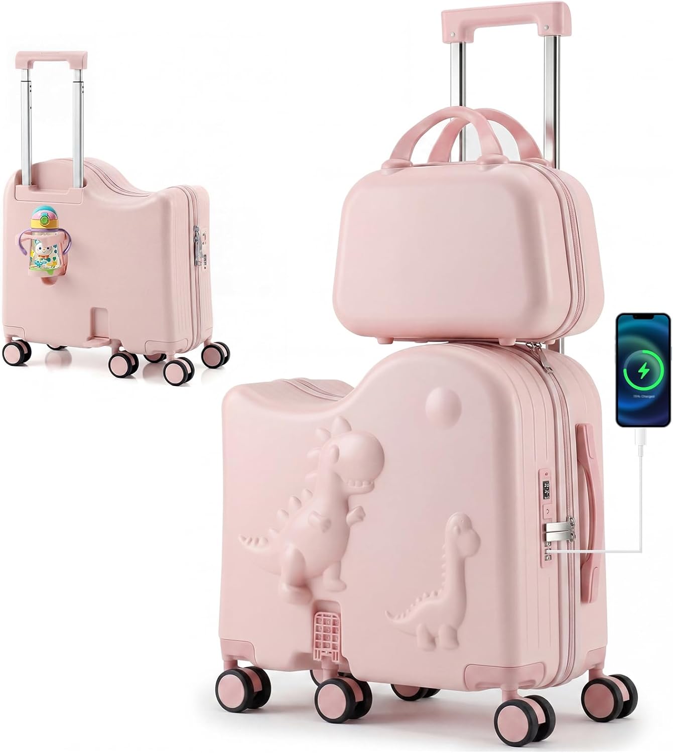 Cute Dinosaur Ride-On Luggage Set for Kids, 20″ Carry-On Suitcase with 12″ Portable Bag, Hardshell Kids Luggage with USB & Type-C Port, Cup Holder, Foldable Footrest, 6 Spinner Wheels Pink