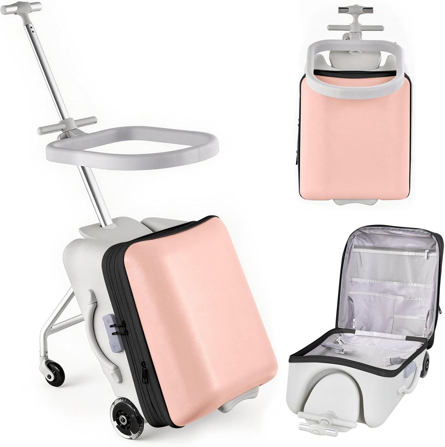 2-In-1 Ride On Luggage for Kids, 20 Inch Expandable Ride On Suitcase for Kids with Spinner Wheels, Carry On Luggage with Detachable Seat, Double as Stroller, Safety Guardrail, Help Your Child Relax