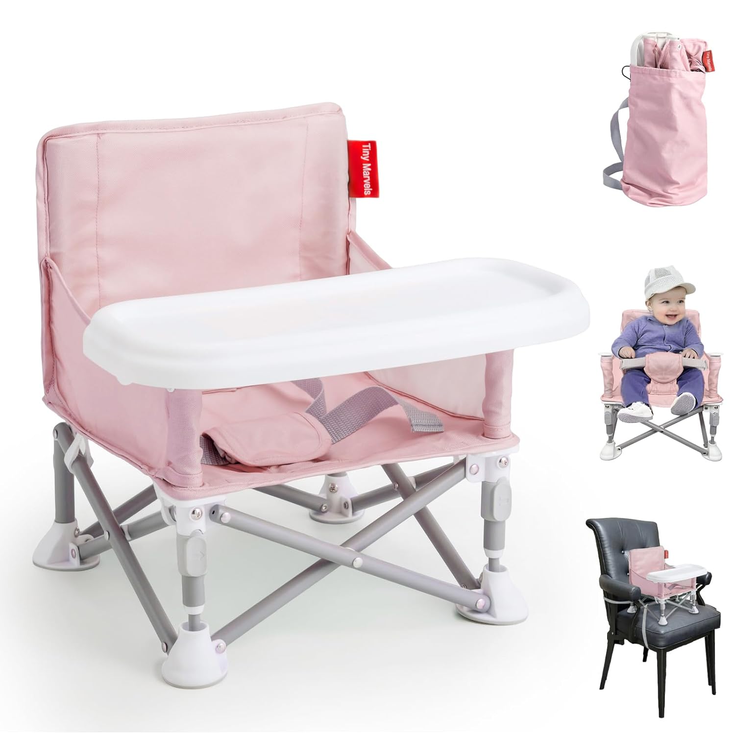Tiny Marvels Baby Chair, Portable & Foldable for Travel & Beach, Ages 6M-3Y | BPA-Free Material, 3-Point Harness, 3-in-1 Baby Chair, Removable Tray & Carry Bag, Sturdy with Reinforcement, Non-Slip Feet