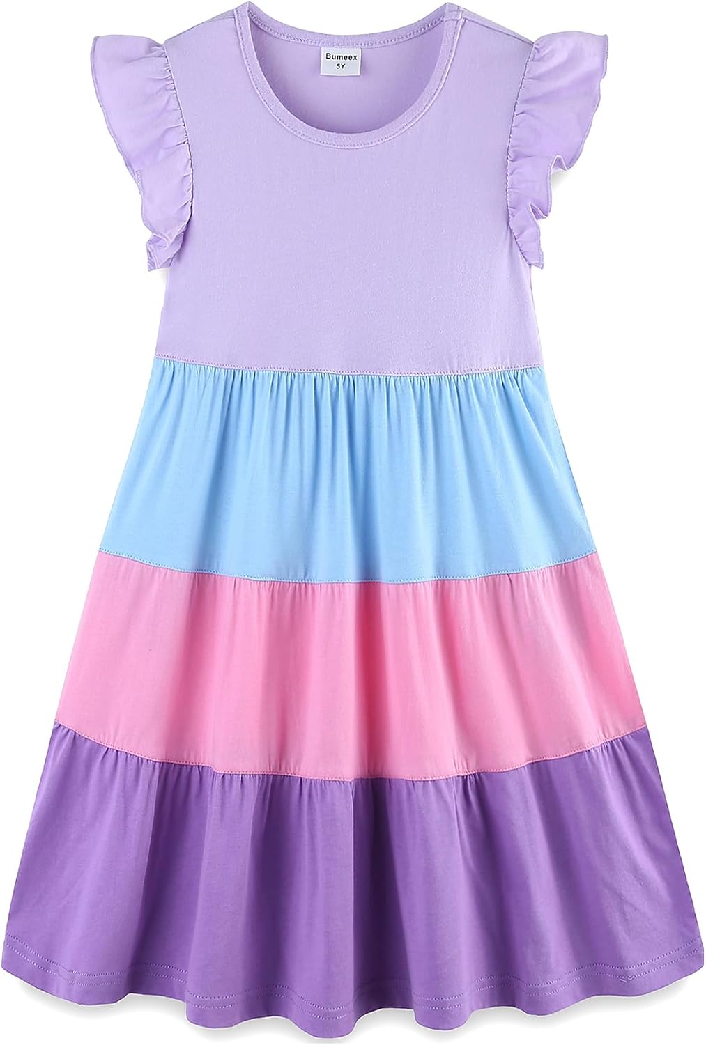 Bumeex Girl’s Dresses Cotton Ruffle Sleeve Tiered Swing A-Line Cute Midi Casual Sundress