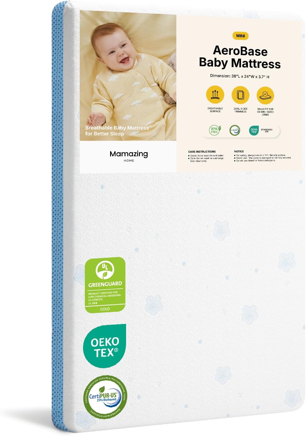MAMAZING Aerobase Mini Crib Mattress 38″ L x 24″ W, 2-Stage Breathable Mattress, Non-Toxic, Waterproof Liner, Machine-Washable Outer Cover for Easy Care, Fits Mini Size & Portable Crib