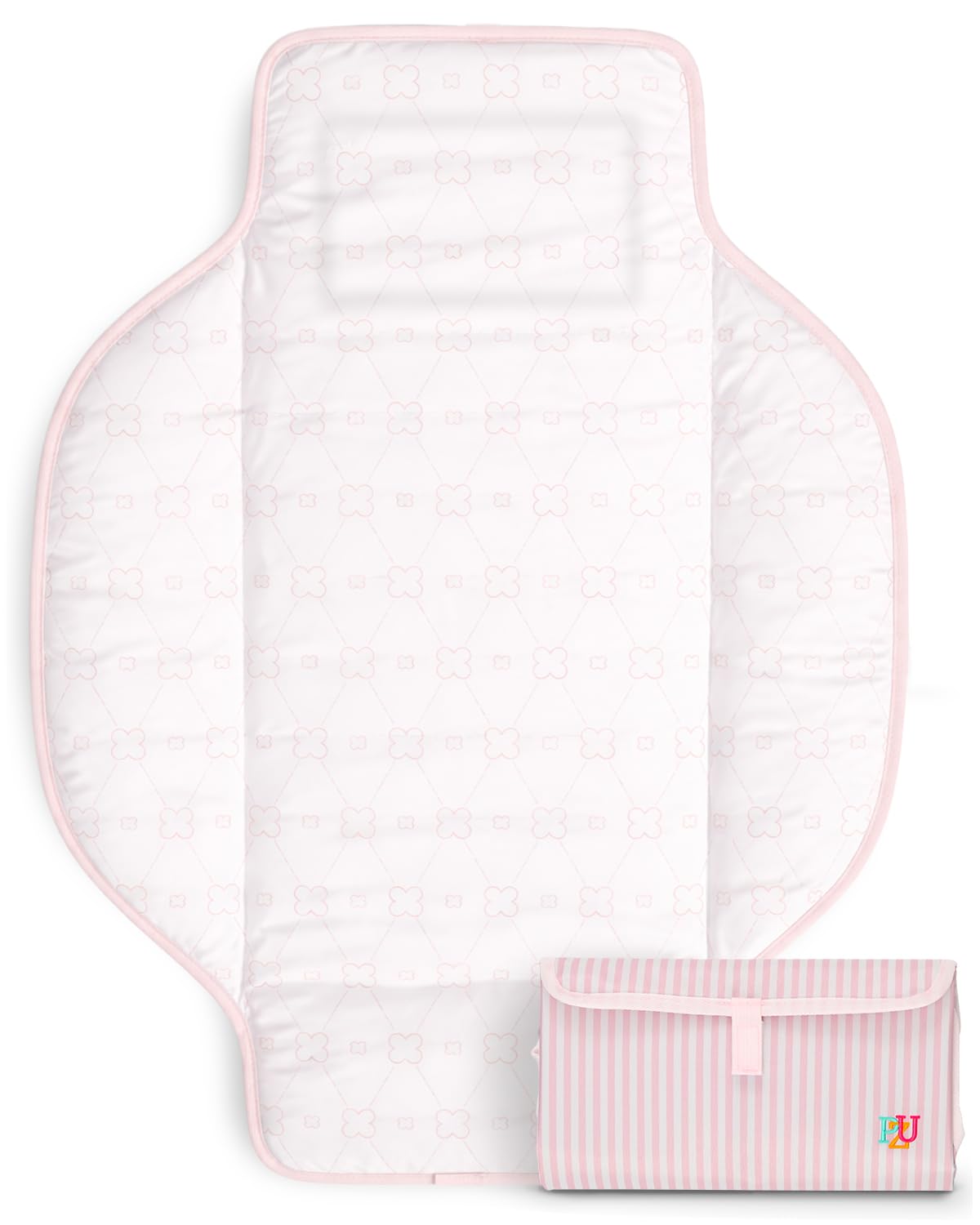 PZU Portable Diaper Changing Pad – Waterproof Travel Changing Mat with Built-in Pillow, Gifts for Baby Shower, Newborn Girls & Boys（Pink Stripes）
