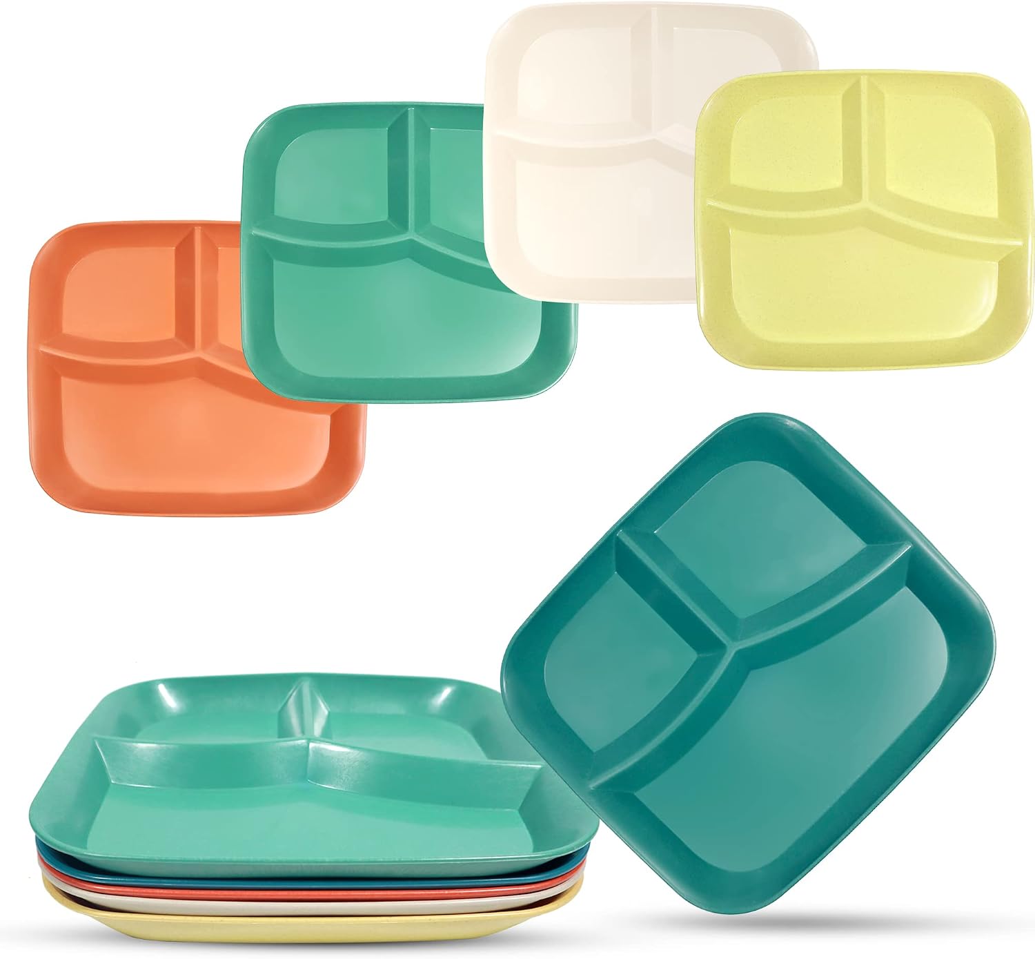 Wheat Straw Divided Plates For Adults & Kids, 10 Inch Square, Reusable Compartment Plates, Microwave & Dishwasher Safe (5 Pcs)
