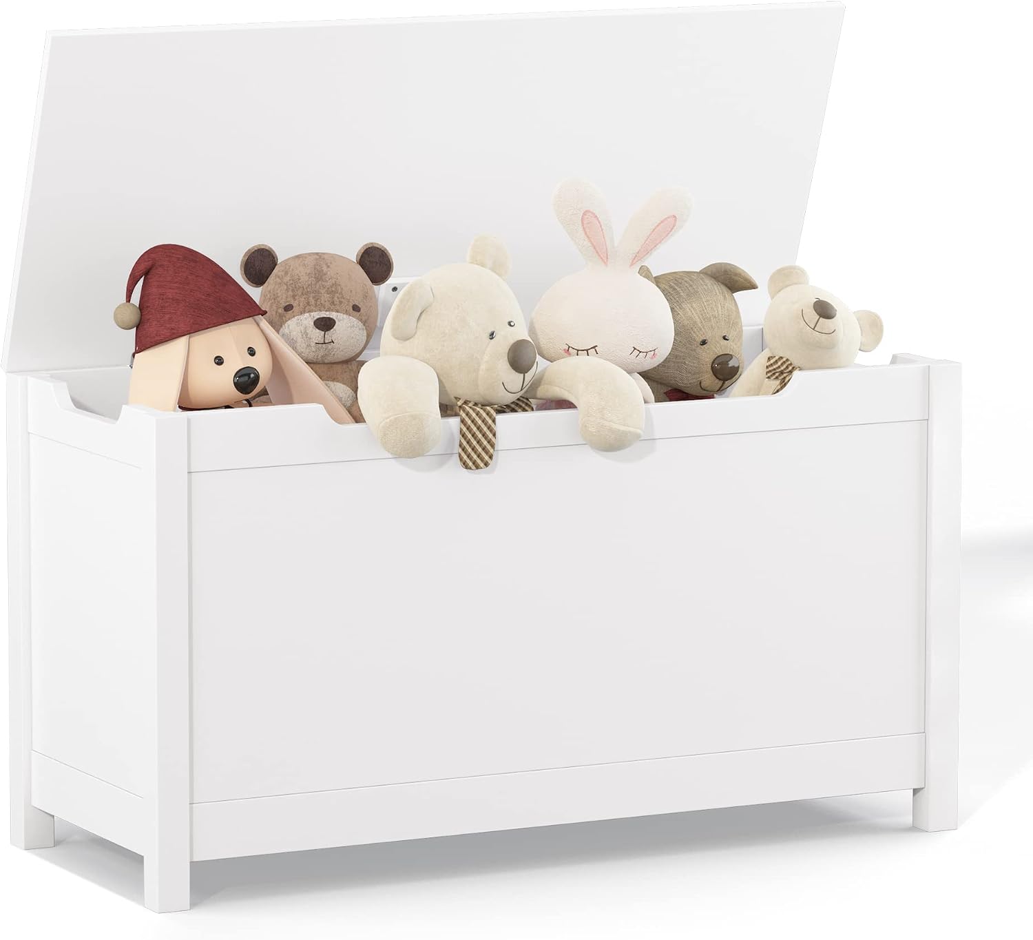 Kids Wooden Toy Chest with Safety Hinged Lid, 2.7 Cubic Feet Large Toy Box Storage Bench, Sturdy Toy Box for Living Room Bedroom, Suitable for Ages 3+ (White, MDF)