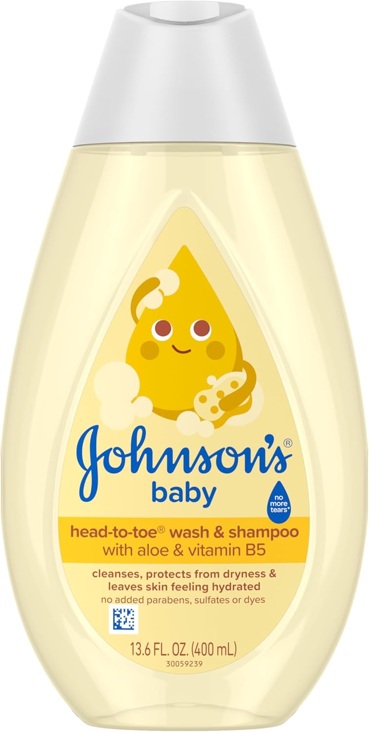 Johnson’s Baby Head-To-Toe Baby Wash & Shampoo + Aloe & Vitamin B5, 2-in-1 Bath Wash Gently Cleanses Newborn’s Delicate Skin & Hair, Hypoallergenic, No Added Parabens, Dyes & Sulfates, 13.6 fl. Oz