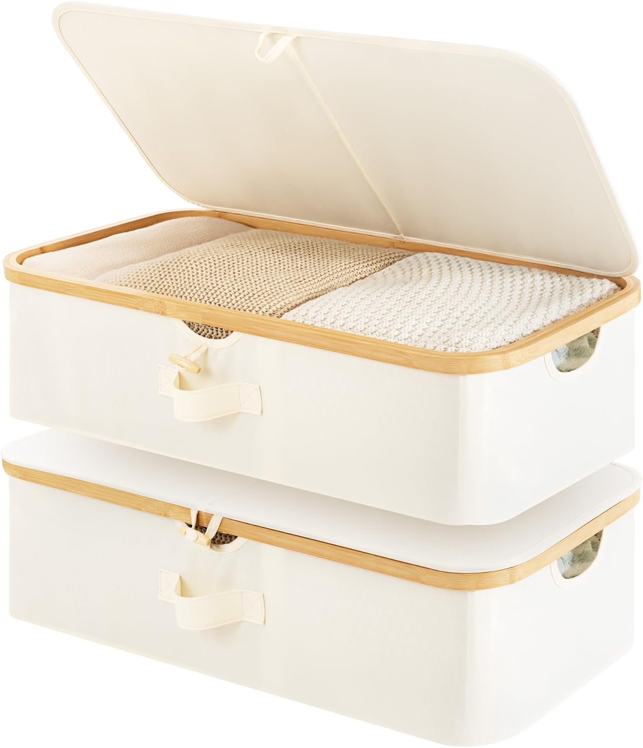 StorageWorks Underbed Storage Containers with Lids, 2-Pack 7″ Low Profile Under Bed Storage Box with Bamboo Frame for Clothes, Bedding, Blankets and Shoes, 42L Sturdy Fabric Organizer, Beige