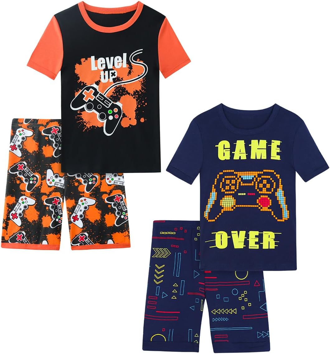 Boys Pajama Set, 4-Piece Cotton Pajamas Short Summer PJs Kids Sleepwear