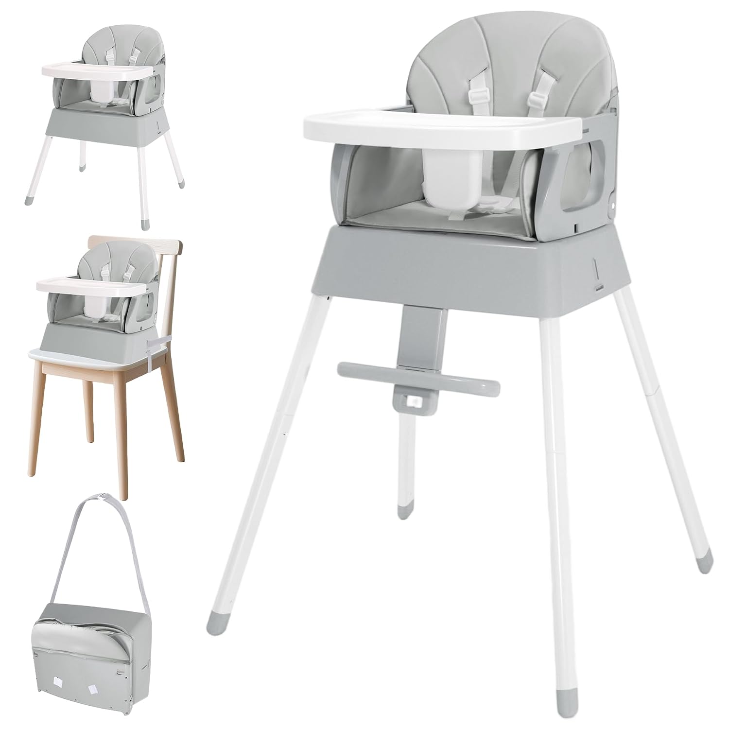 4 in 1 Portable Baby Highchair Convertible High Chair for 6-36 Months Babies and Toddlers, Foldable Carry Small Box, High Chair, Infant Booster Seat, Dining Chair, Easy to Carry and Store (Grey)