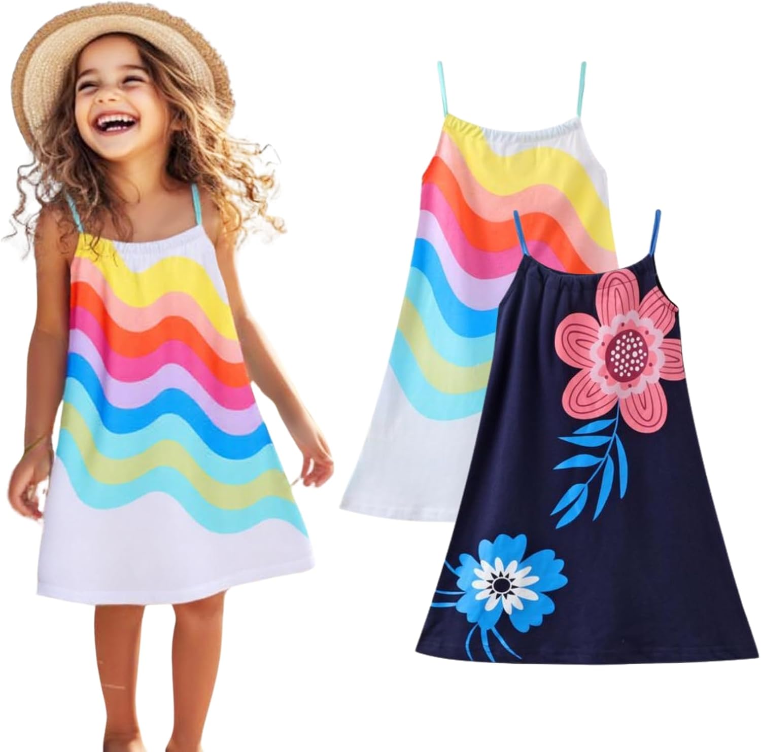 HILEELANG Girls Dresses 2 Pack 100% Cotton Tank Dress Sleeveless Sundress Summer Casual Dress for Toddler Girls 2-8 Years