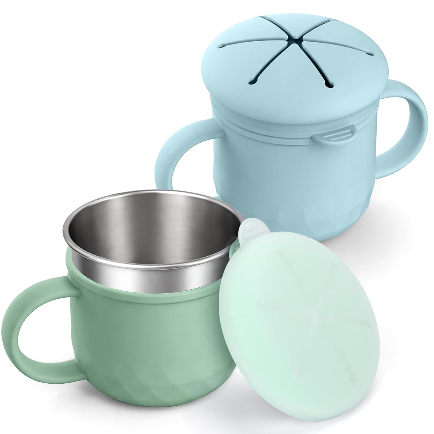 BUSOHA 2 Pack Stainless Steel Snack Containers – 4 in 1 Spill Proof Snack Cup for Kids with Silicone Lids,Reusable Toddler Snack Containers,Metal Food Storage for Lunch Box,Travel,Blue+Green