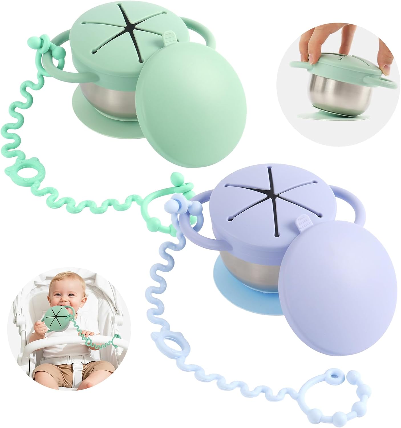 Daximo 2 Pack Toddler Snack Cups — 5-in-1 Snack Cups for Toddlers Spill Proof with Suction Cup and Anti-Loss Rope, Detachable Stainless Steel Cups with Silicone Lids & Handles (Blue and Green)