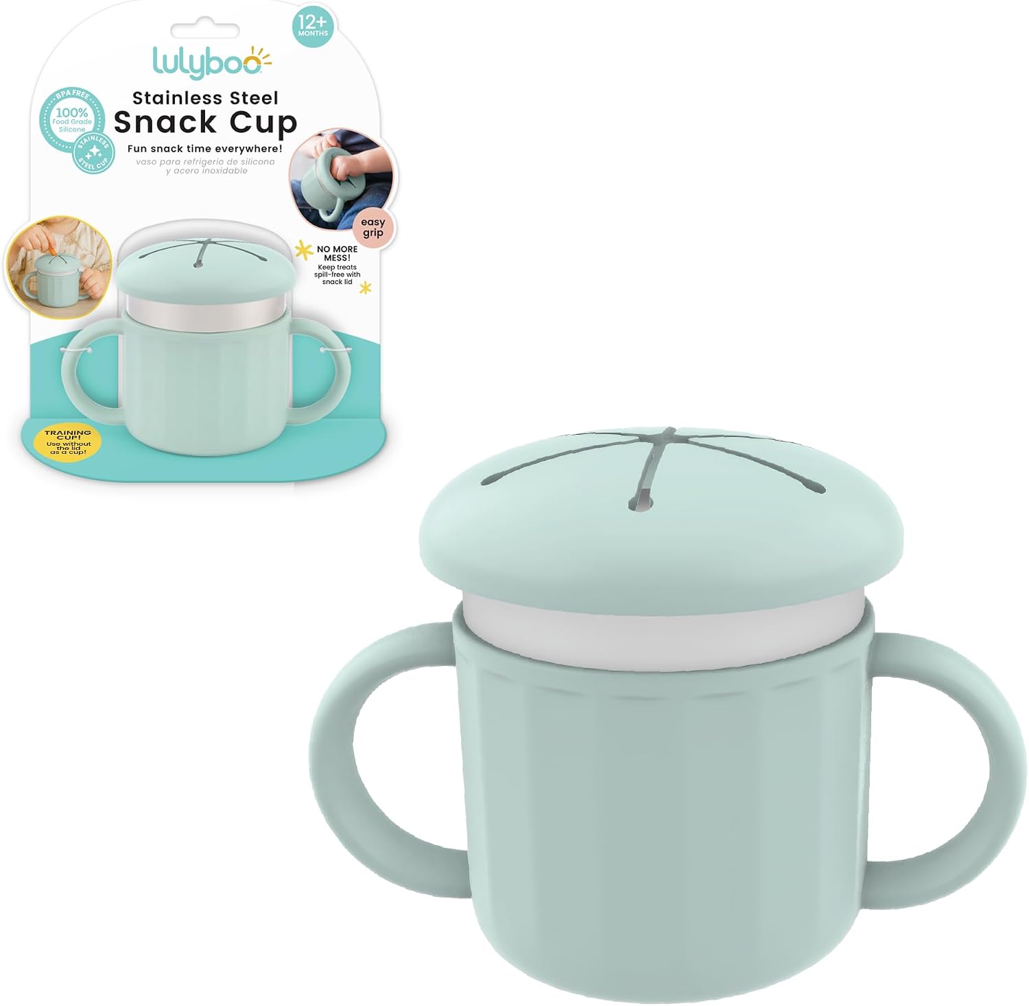 Lulyboo Stainless Steel Snack Cup with Handles Spill Resistant Toddler Snack Container for On-the-Go