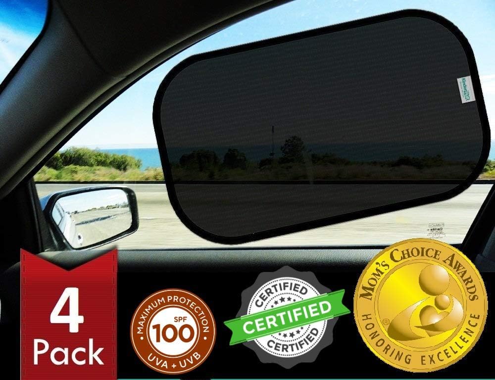 Car Window Shades – Certified 99.79% UVA & 99.95% UVB sun protection. Award winning car sun shade for side windows. 4 Pack (2 Transparency options) 20″ x 12″ -window shade for car baby by Kinder Fluff
