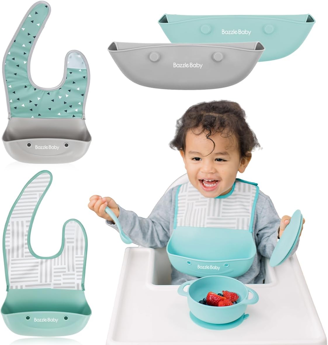 Bazzle Baby Silicone Bibs with Food Catcher – Rolls Up and Button closed for easy travel and storage Waterproof 2-Pk