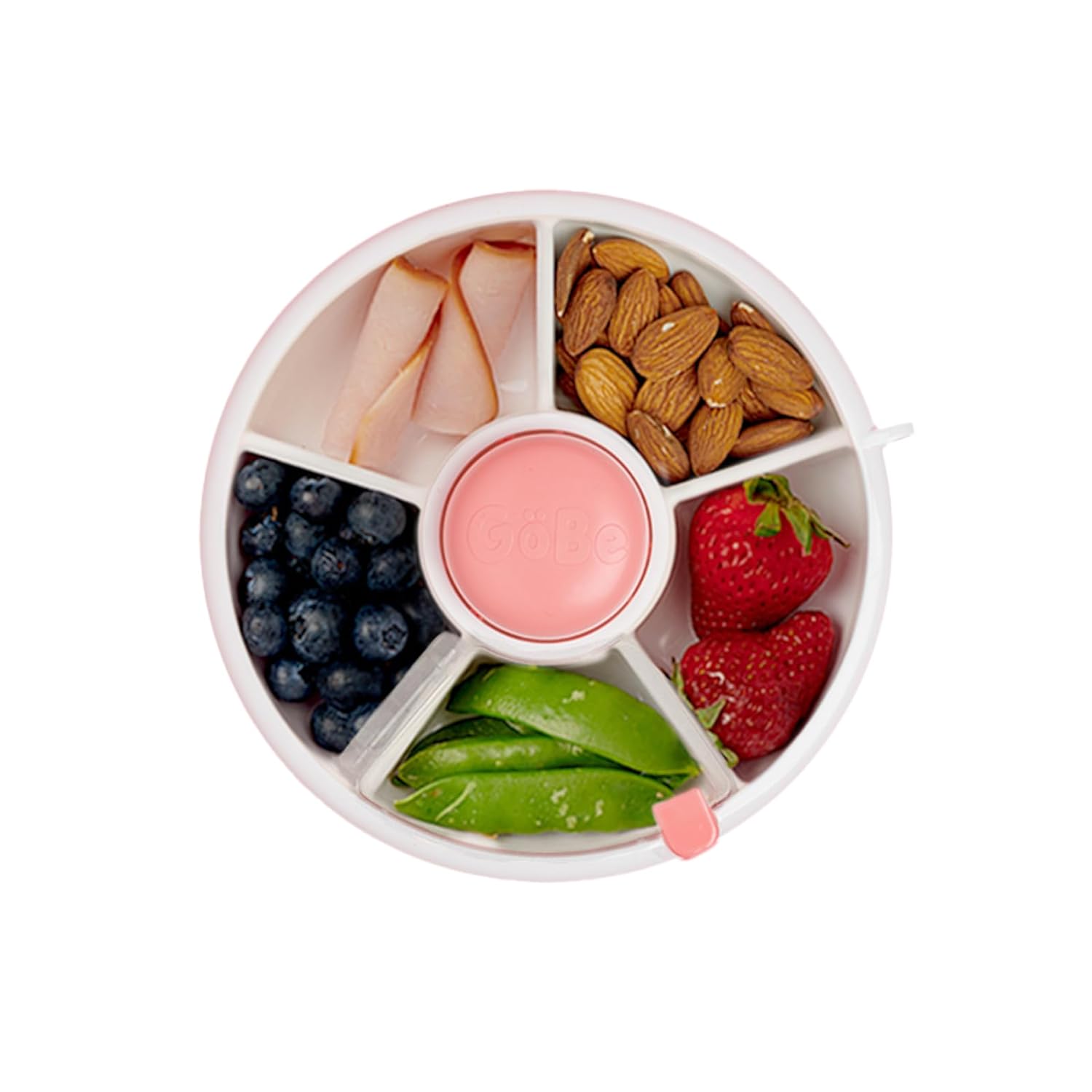 GoBe Kids Small Snack Spinner Flip Bundle with Hand Strap and Sticker Sheet – Reusable Snack Container with 5 Compartment Dispenser and Lid | BPA/PVC Free | Dishwasher Safe | No Spill – Coral Pink