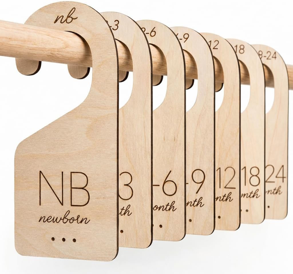 White Loft Baby Closet Dividers in Natural Birch Wood – Wooden Nursery Closet Organizer with Etched Labels for Newborn to 24 Months – 7 Piece Gift Set