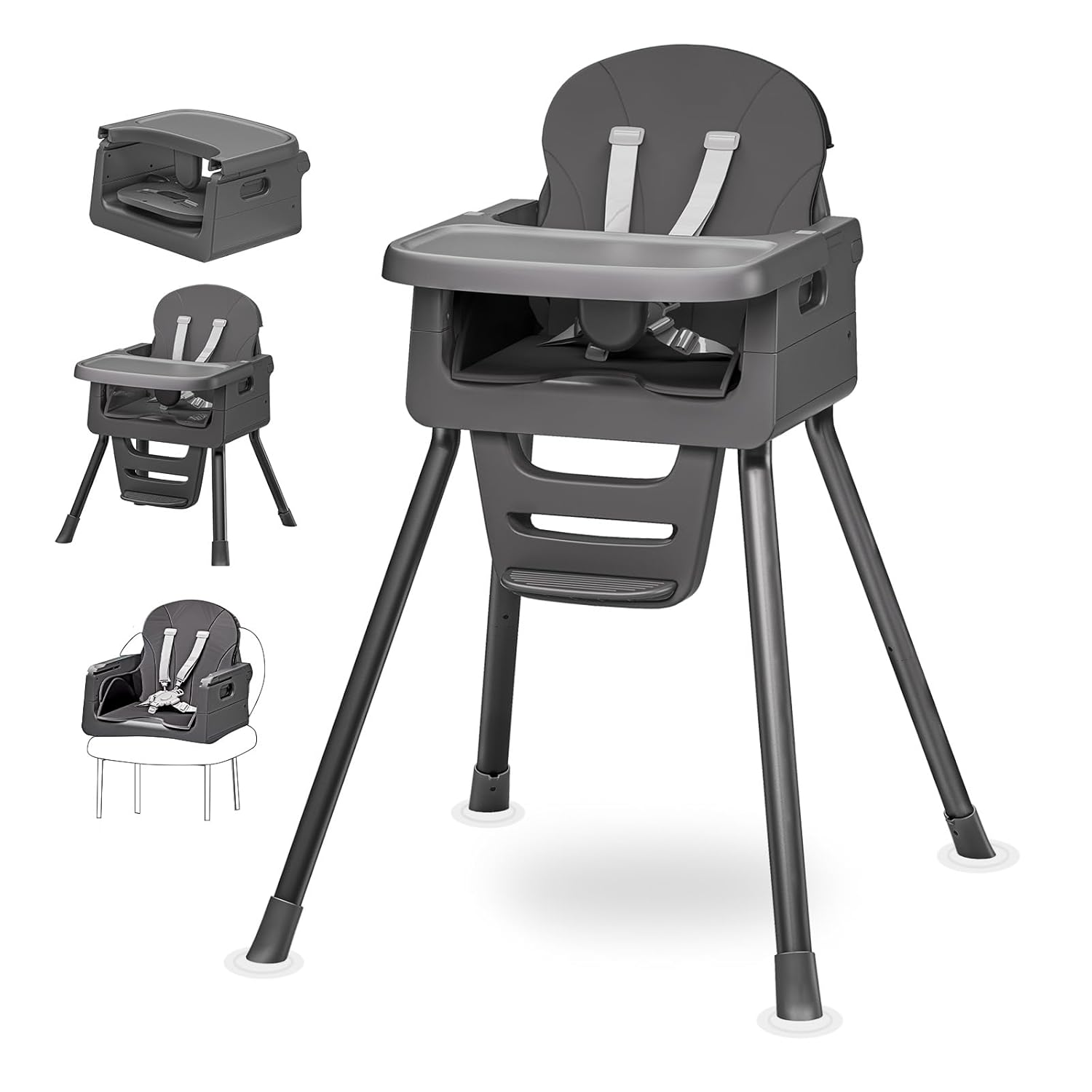 Portable 3 in 1 High Chairs for Babies and Toddlers, Convertible Baby Feeding Chair with Tray, Easy Clean Baby High Chair for Toddler with Foot Rest, Infant Highchairs & Booster Seats with Cush Black