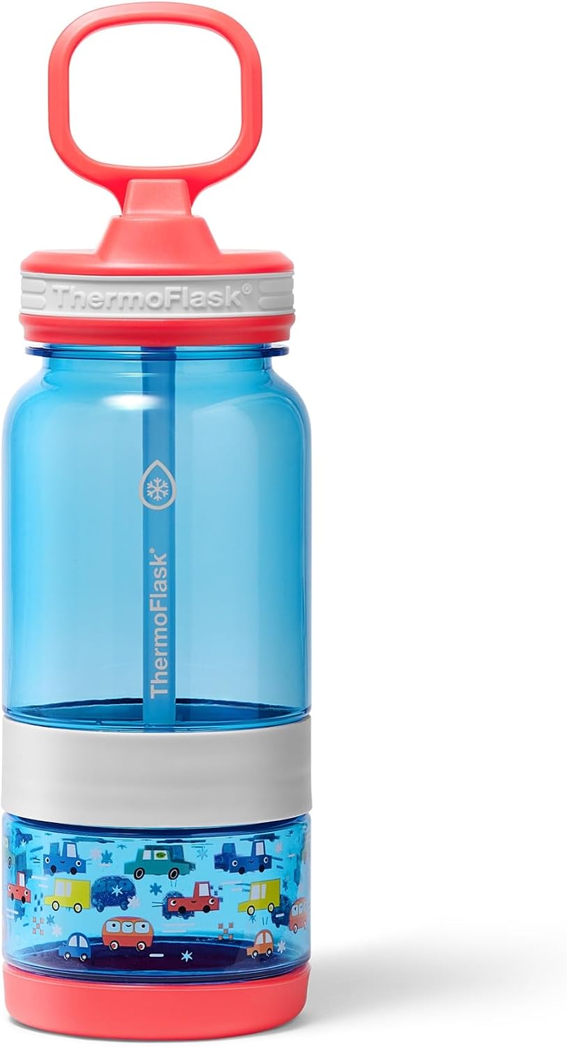 ThermoFlask 14 oz 2-in-1 Snack and Sip Durable Tritan Bottle with Integrated Snack Cup Compartment – Leakproof Folding Straw Lid – Protective Bumper – Blue Cars – BPA-Free