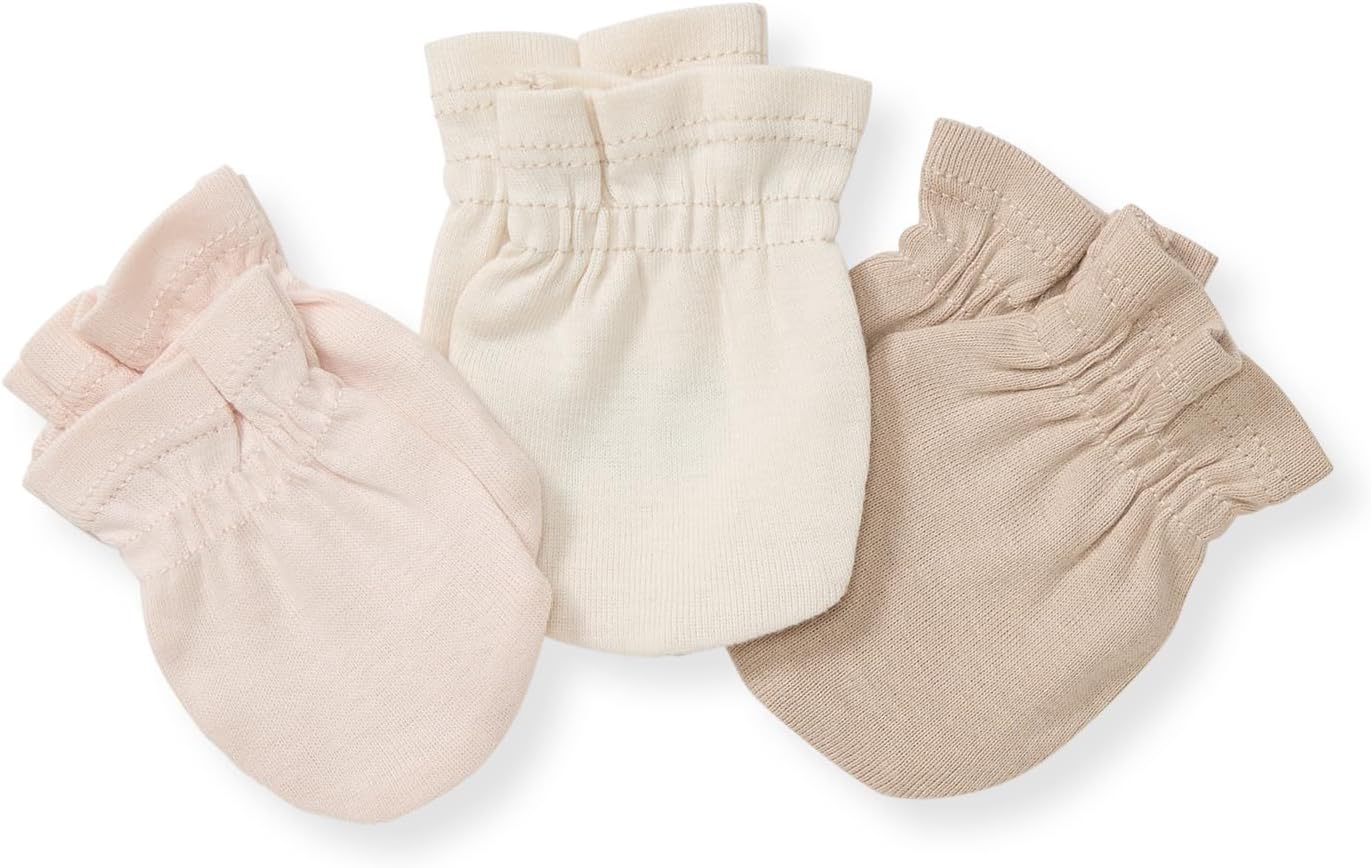 Burts Bees Baby Unisex Baby Mittens, 100% Organic Cotton, 3-Pack Solid Color Infant Scratch Protection Mitts