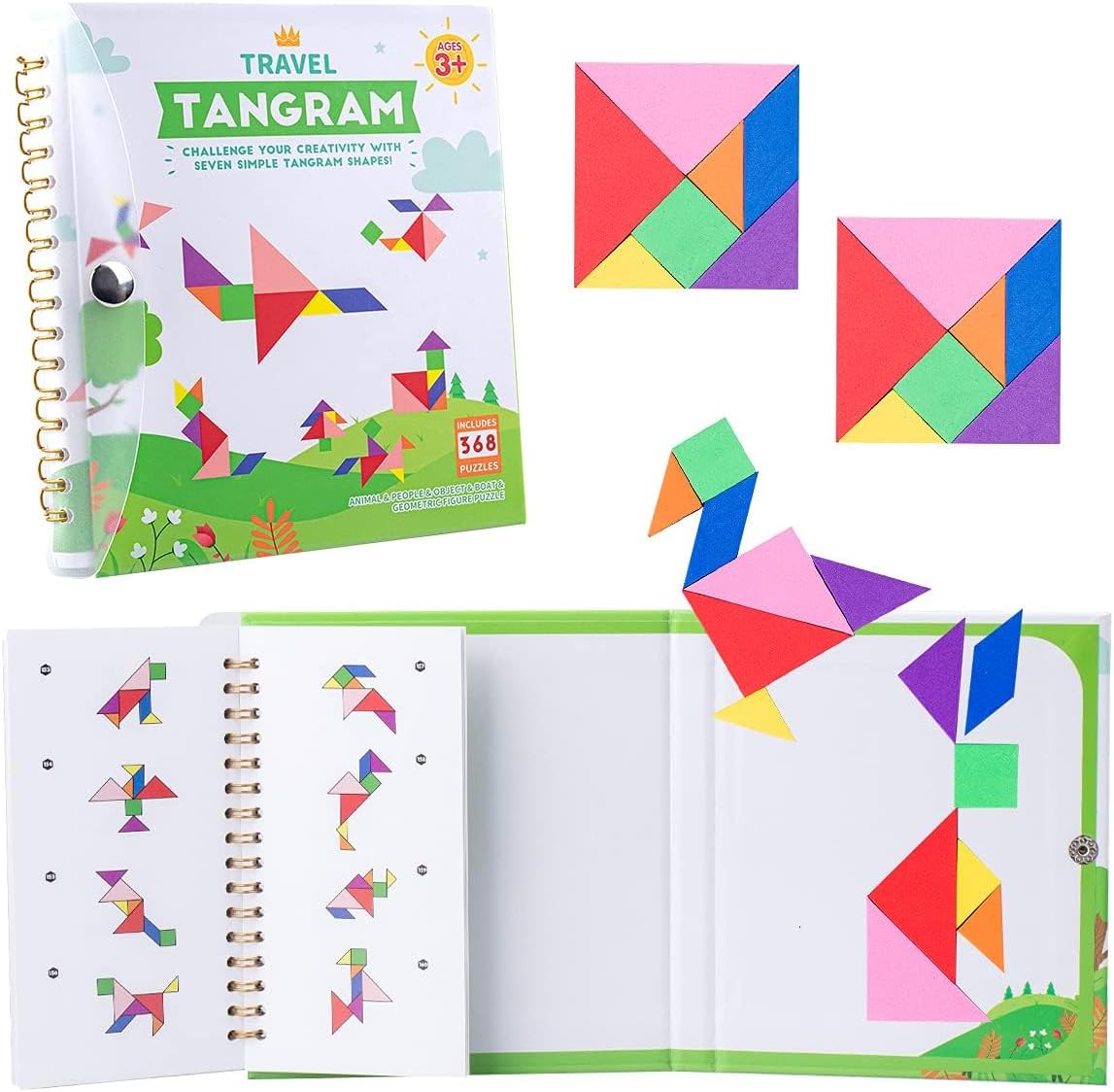 Vanmor Travel Tangram Puzzle with 2 Sets Magnetic Plate-Montessori Shape Pattern Blocks Jigsaw Road Trip Games with 368 Solution – IQ Book Educational Toy Brain Teaser Gift for Kids Adults Challenge
