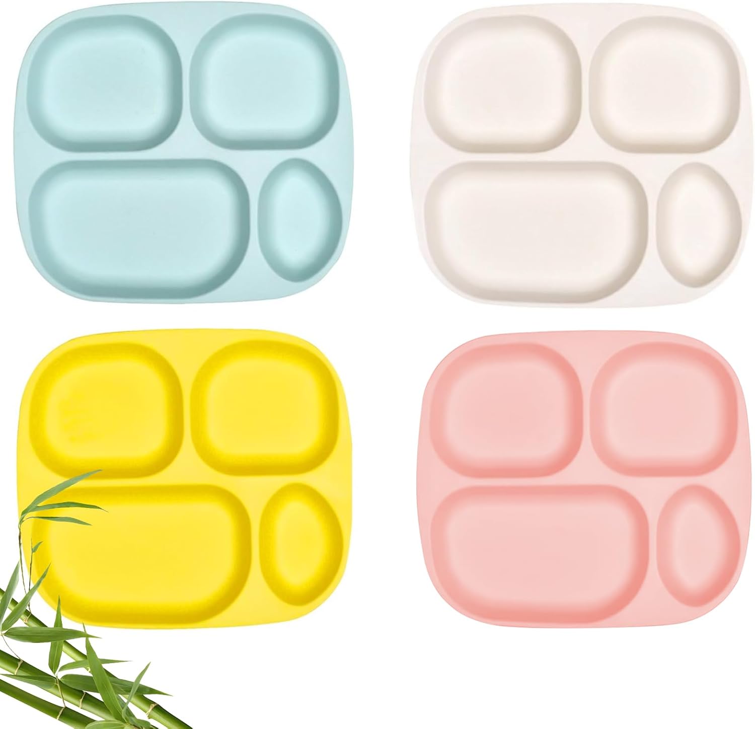 shopwithgreen Bamboo Divided Plates for Kids Adults – Dinnerware Set for Toddlers Kids Children Baby, Toddler Dinner Plates, BPA Free, Stackable, Dishwasher Safe, 9.4 inch, Set of 4