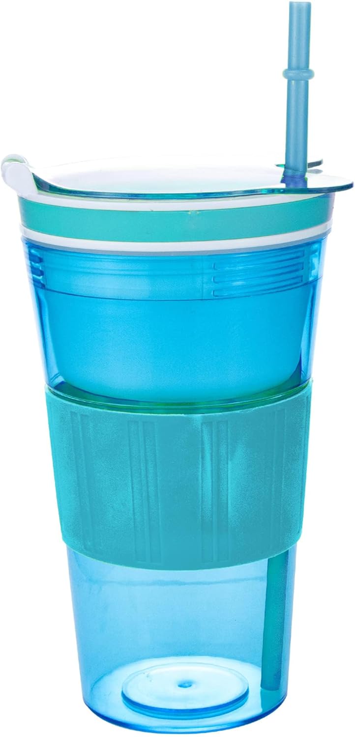 Portable Plastic Snack and Drink Cup for Adult, Teen Kid’s Combo All-in-One Cereal and Milk Container for Breakfast On-The-Go with lids & Straw, 16 Oz
