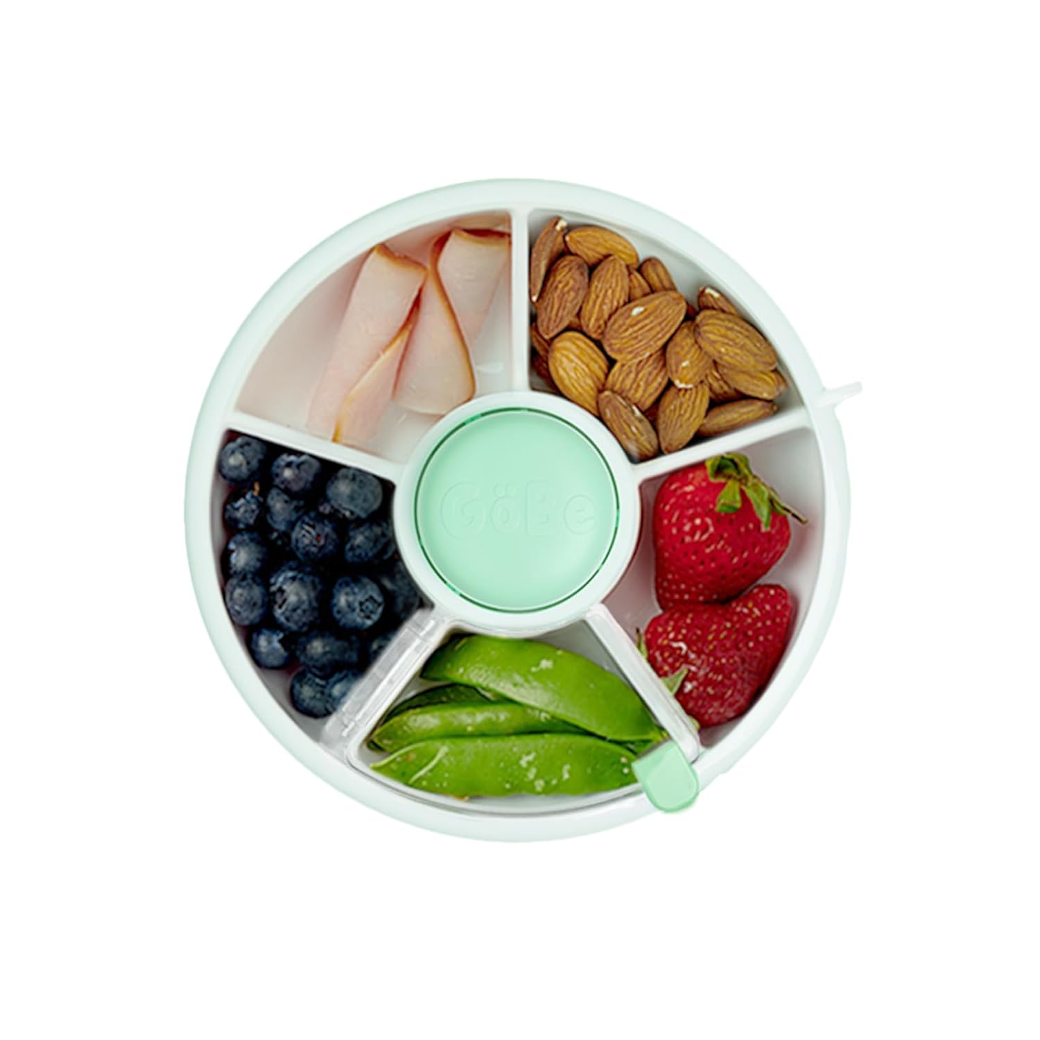 GoBe Kids Small Snack Spinner Flip Bundle with Hand Strap and Sticker Sheet – Reusable Snack Container with 5 Compartment Dispenser and Lid | BPA/PVC Free | Dishwasher Safe | No Spill- Mint Green