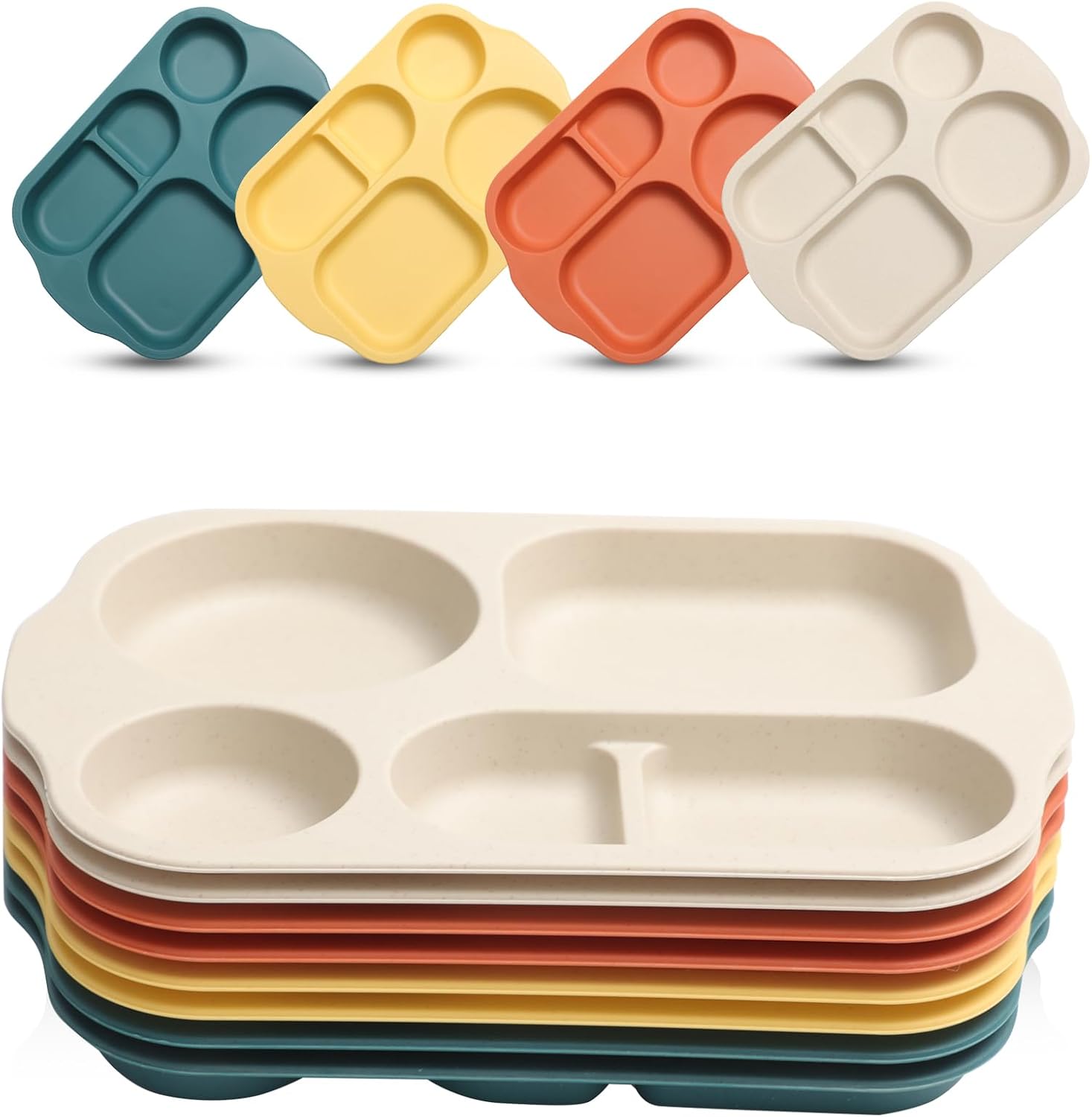 12 Inch (8PCS) Unbreakable Divided Plates for Kids Adults, Wheat Straw Dividers Plates, Reusable Compartment Plates,Dishwasher & Microwave Safe