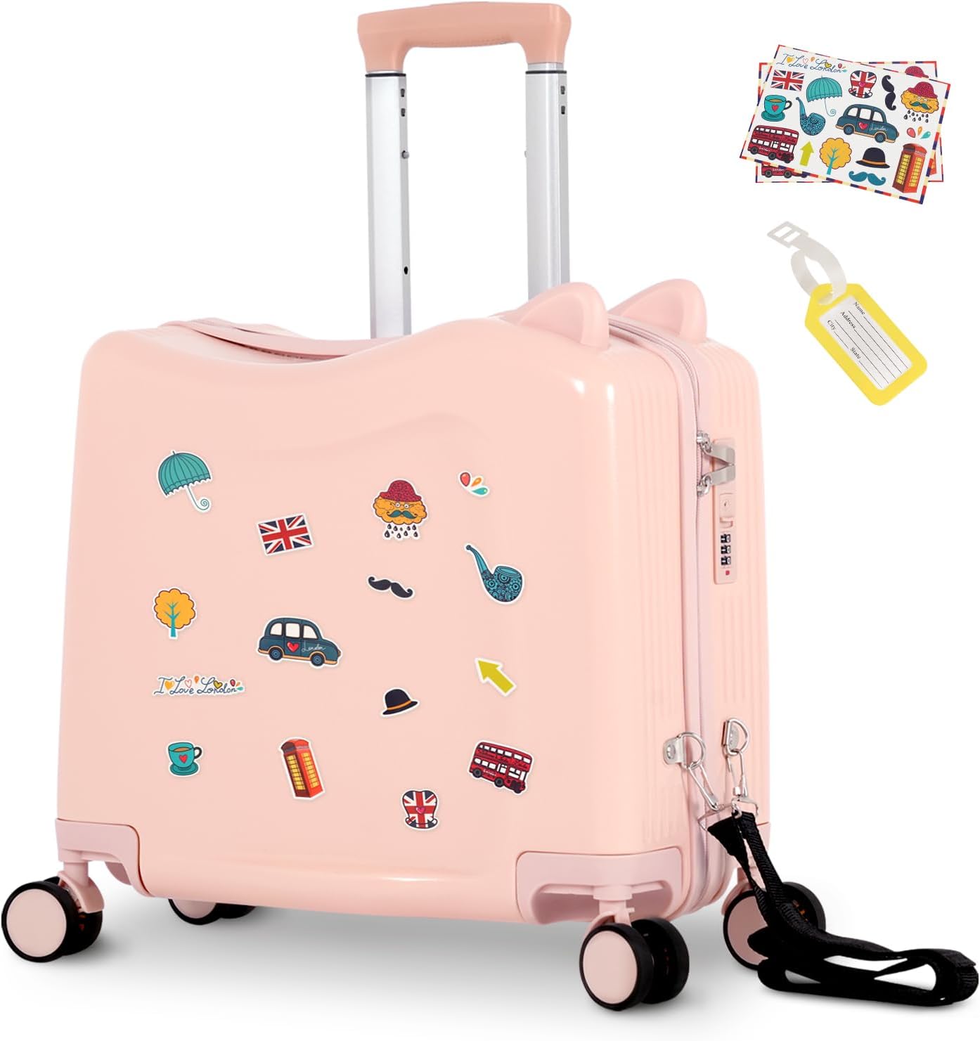 smilesun 20″ Ride-On Travel Suitcase for Kids, Cute Ear Toddler Carry on Luggage with Spinner Wheels & Anti-Lose Rope, Children Rolling Trolly Luggage with Password Lock (Pink with Rope)