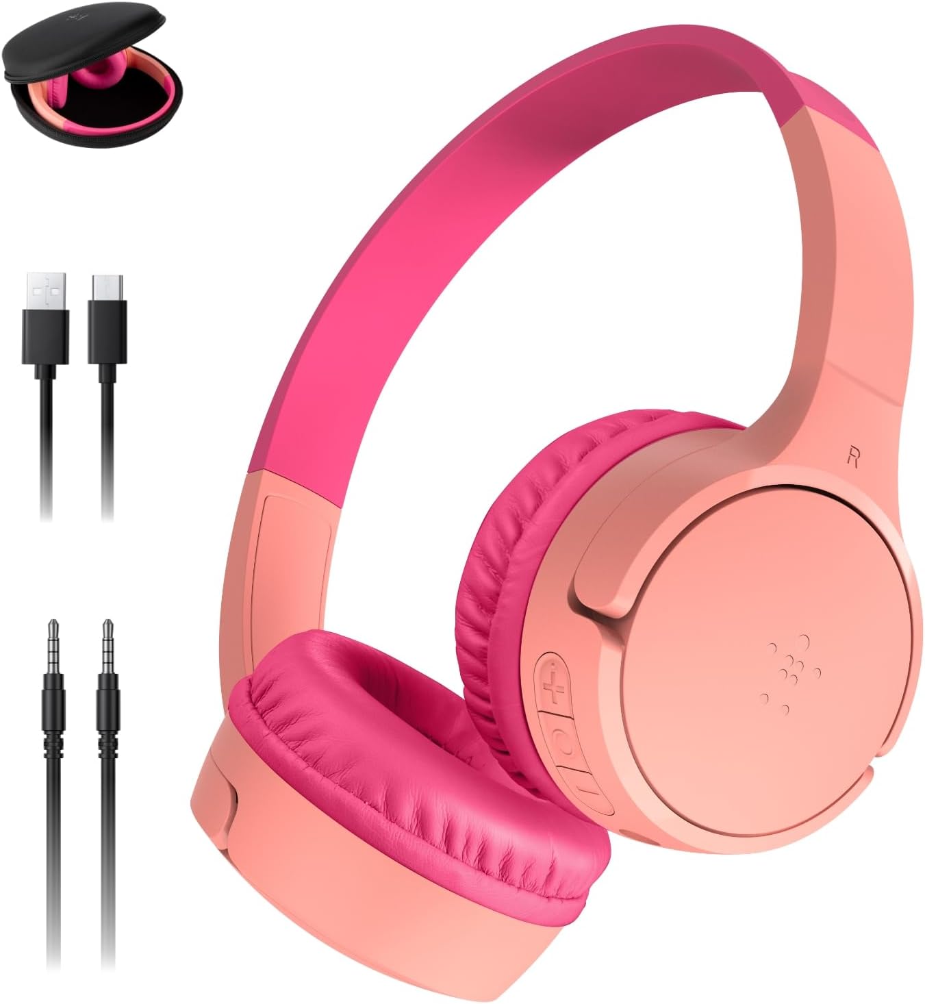 Belkin SoundForm Mini w/Case – Wireless Bluetooth Kids Headphones with 30H Battery Life, 85dB Safe Volume Limit, Built-in Microphone – Kids On-Ear Earphones for iPhone, iPad, & More – Pink