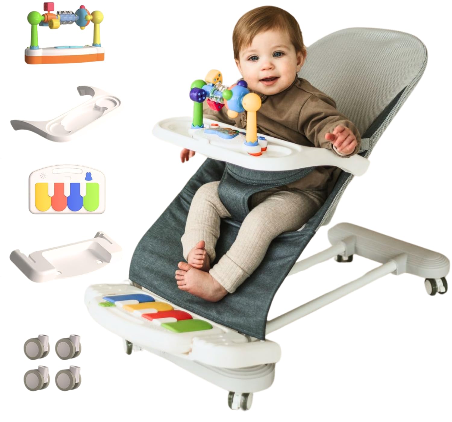 CuddoBaby Baby Bouncer 4-in-1 on Wheels, Detachable Pianos, Feeding Tray, 3-Level Recline Foldable Seat with Play Bar for Infant to Toddler 0-12M, Boy Gift Idea – Blue