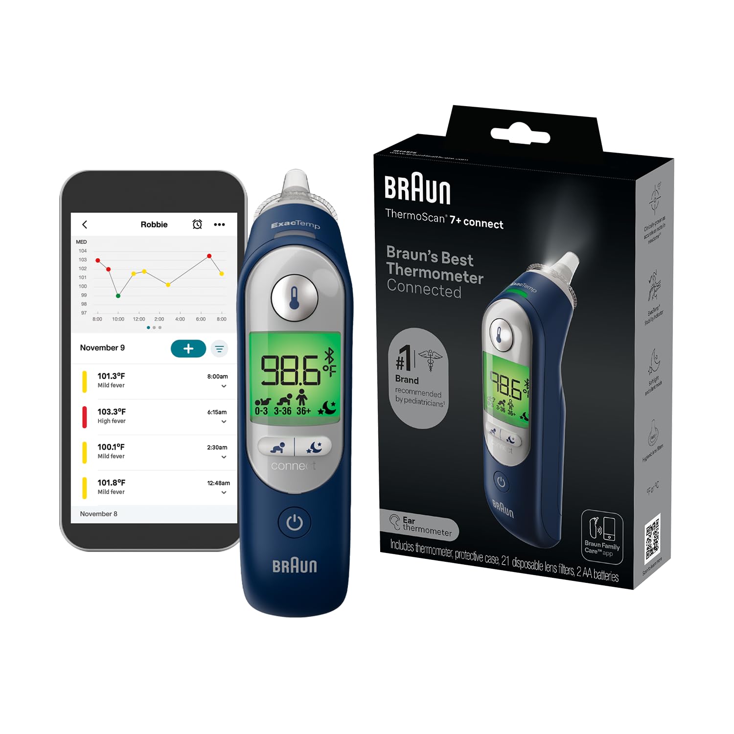 Braun ThermoScan 7+ Connect Digital Ear Thermometer for Kids – Family Care App Compatible, Age Precision Technology, Color-Coded Display, No. 1 Brand Recommended by Pediatricians