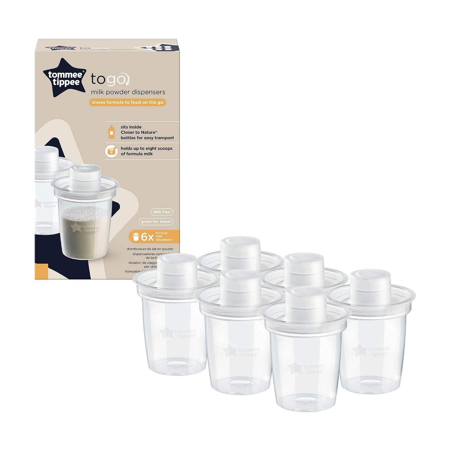 Tommee Tippee Milk Powder Dispensers, Pack of 6, Baby Formula Powder Containers, Ideal for Feeding while Travelling, Fits 8 Scoops per Pot