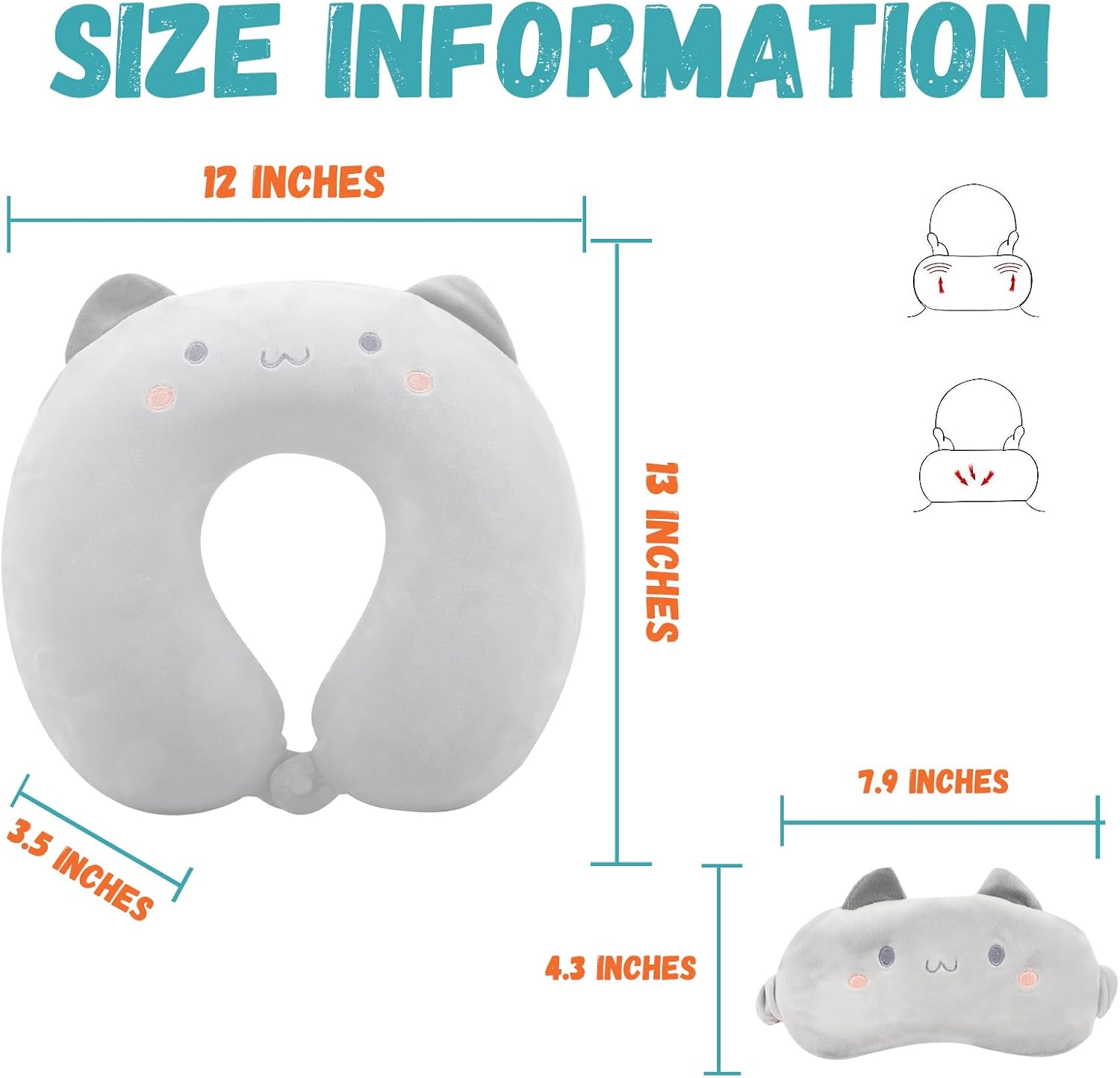 Kids Neck Pillow for Travel with Sleep Eye Mask, Cute Travel Neck Pillow, Memory Foam Flight Sleeping Headrest Pillow for Boys & Girls, Airplane, Train, Car, Home Use – Grey Cat