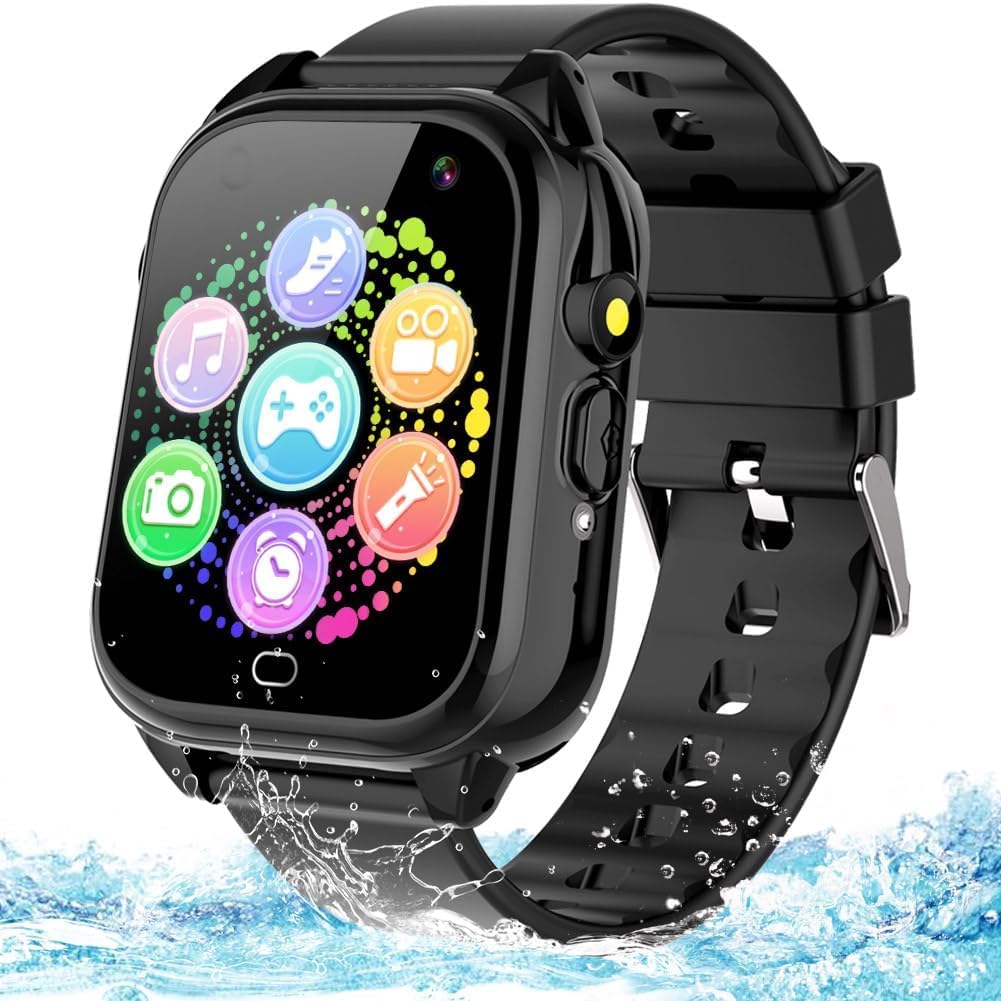 Waterproof Kids Smart Watch for 3-12 Years Old Boys Girls Toys with 26 Game Video Camera Pedometer Music Player Alarm Clock Calculator 1.44” HD Touchscreen Learning Toys Birthdays Gifts (Black)