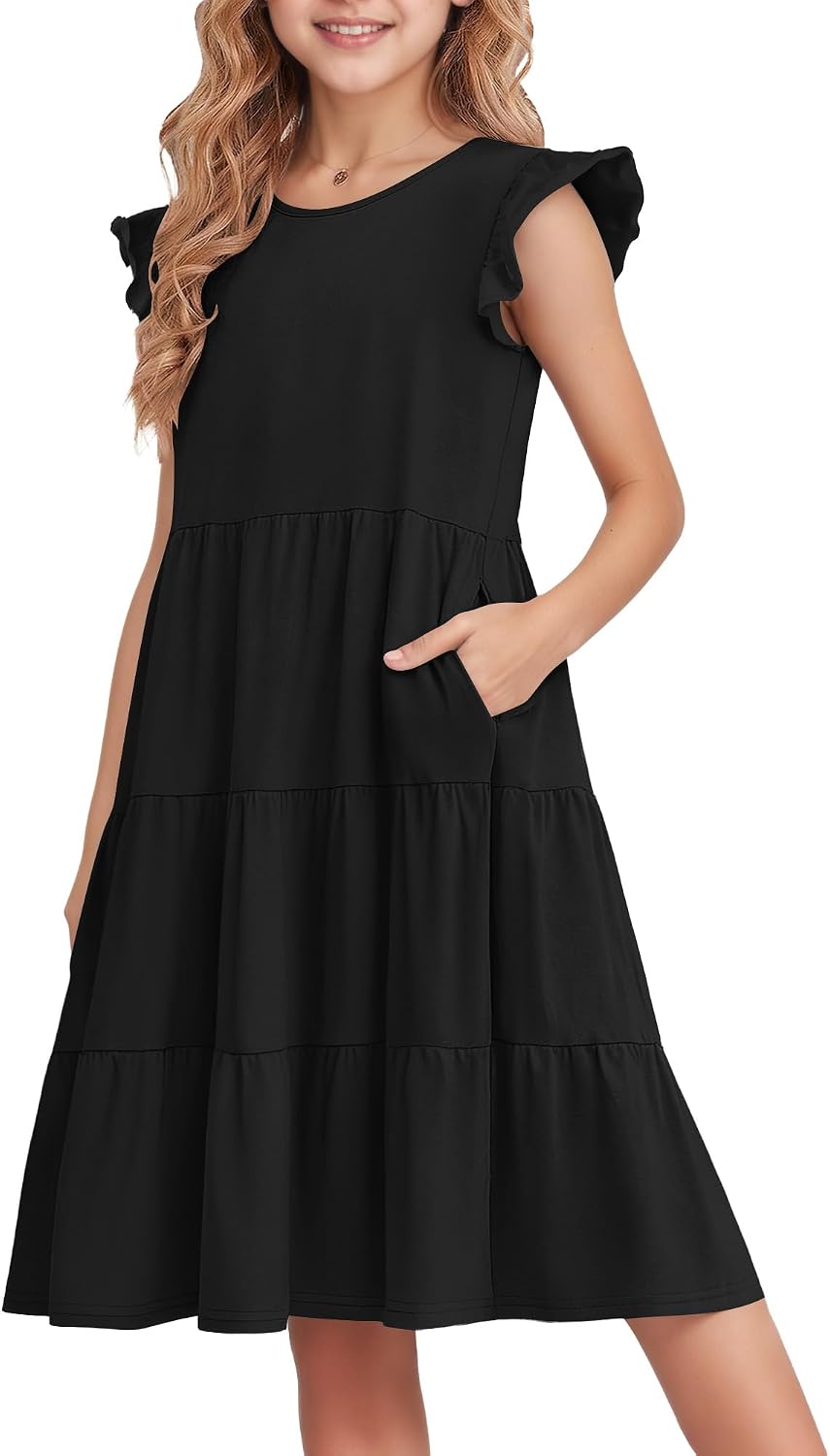 Tween Girl’s Summer Ruffle Sleeve Loose Dress Spring Floral Kids Crewneck 2026 Sundresses with Pockets