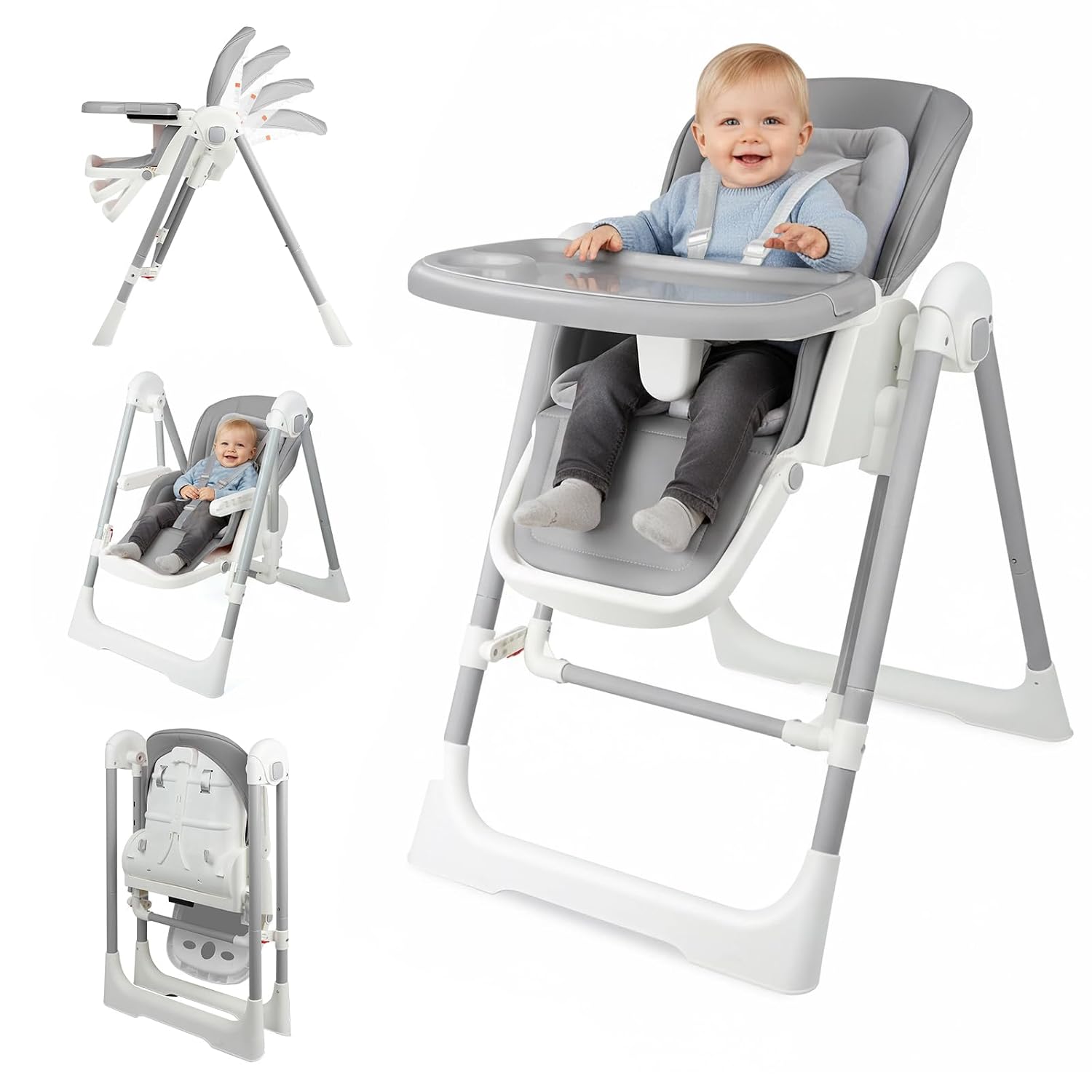 High Chairs for Babies and Toddlers Convert to Baby Rocker Foldable High Chair Adjustable Convertible with Reclining Seat & Leg Rest, 3-in-1 with Tool-Free Assembly (Grey)