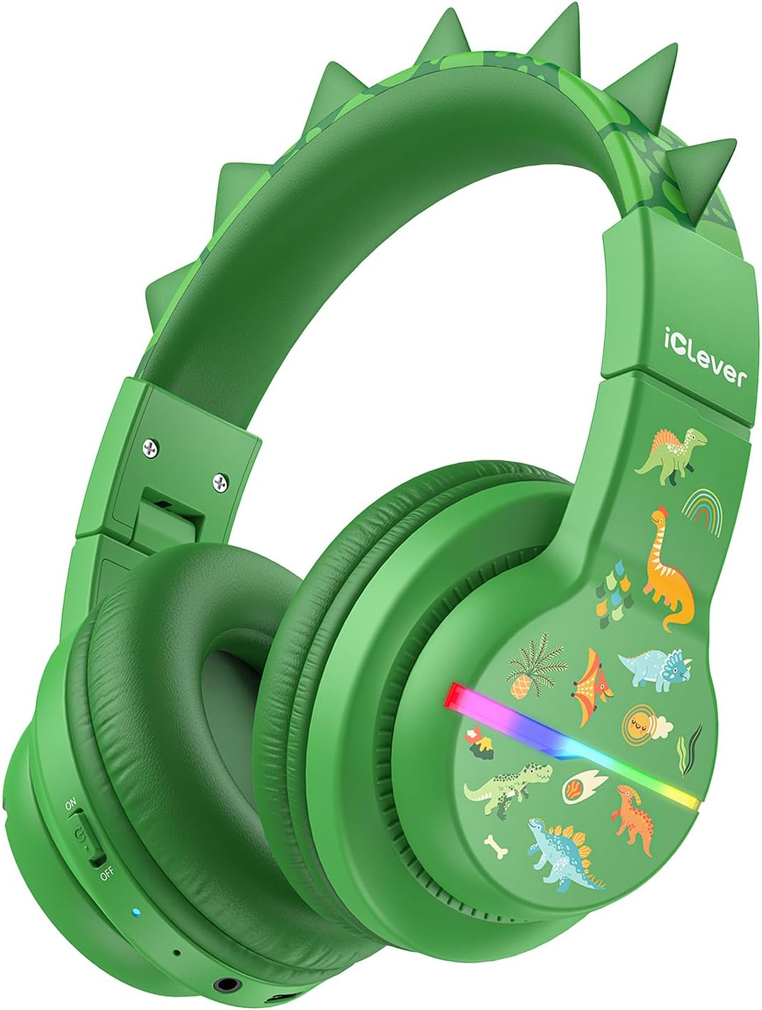 iClever BTH12 Kids Bluetooth Headphones,Colorful LED Lights Wireless Kids Headphones,74/85dBA Safe Volume,85H Playtime,Bluetooth 5.2,Over Ear Dinosaur Headphone Built-in Mic for iPad/Tablet/Airplane