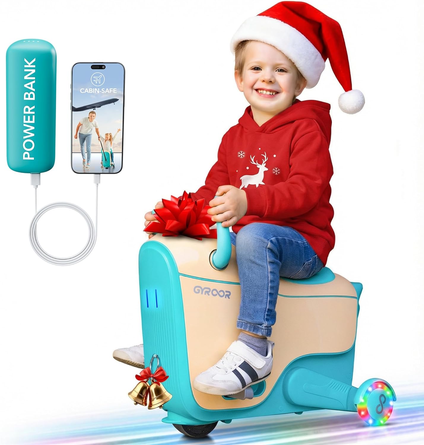 Gyroor GNU Electric Ride-On Suitcase for Kids, Rideable Carry-On Luggage with 14L Storage, 13000mAh Power Bank, Light-Up Wheels, 3-Speed Adjustable, Travel Toy for Ages 3-6, Airport Indoor Outdoor