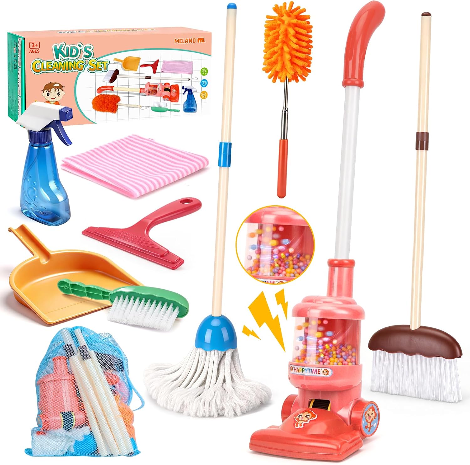 Meland Kids Cleaning Set – 8Pcs Toddler Broom and Toy Vacuum Cleaner, Pretend Play Children House Cleaning Toys, Christmas Birthday Gift for Girls and Boys