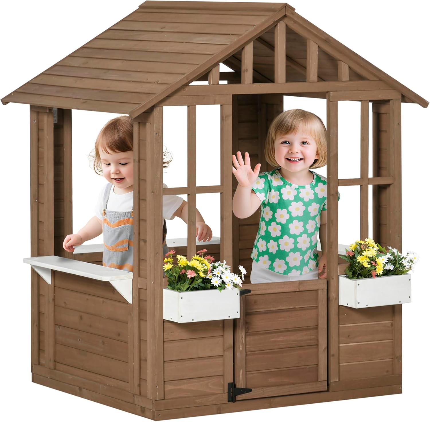 Outsunny Kids Wooden Playhouse, Outdoor Garden Games Cottage, with Working Door, Windows, Flowers Pot Holder, 47″ x 38″ x 54″