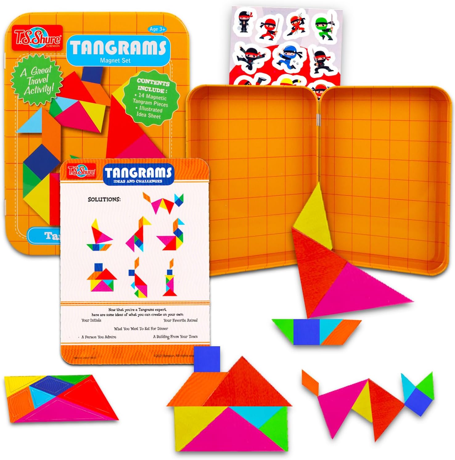 360 Combination Tangrams Travel Game with Portable Case for Kids – Bundle with Magnetic Pattern Blocks, Stickers | Montessori Open Ended Geometric Shapes Activity