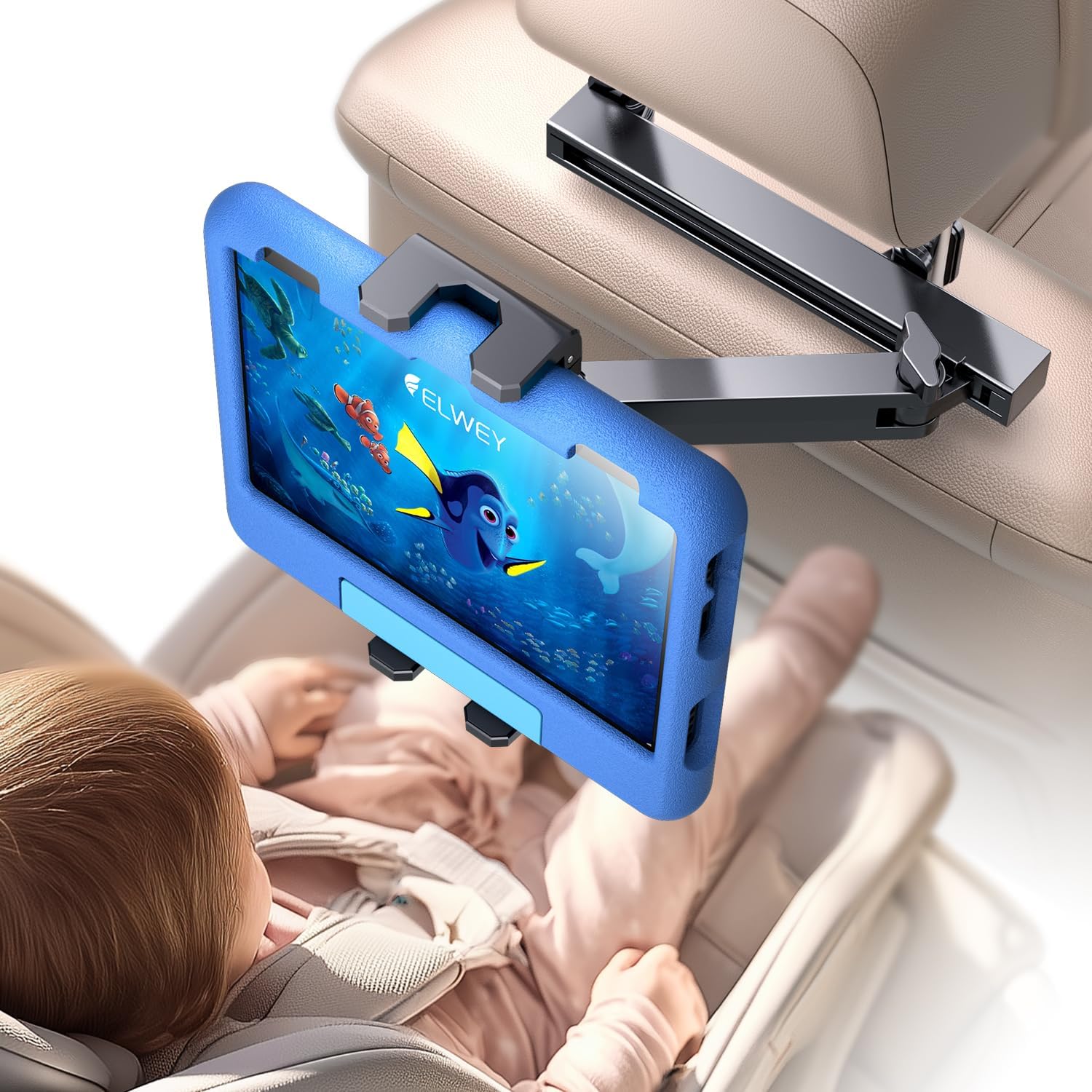 ELWEY iPad Holder for Car Backseat, Headrest Tablet Holder for Car Back Seat, [3 in 1 Extension Arm] Adjustable iPad Car Mount for Kids, for 4.7-13″ Device Like iPad Pro, Air, Mini, Galaxy, Fire HD