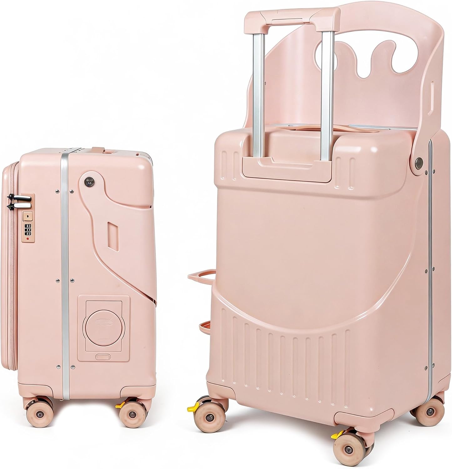 20 Inch Kids Suitcase with Seat, Ride On Carry On Luggage for Children, Front-Opening Hardshell Travel Trolley with Multi-Level Handle & TSA Lock, Gift Cushion Included(Pink)