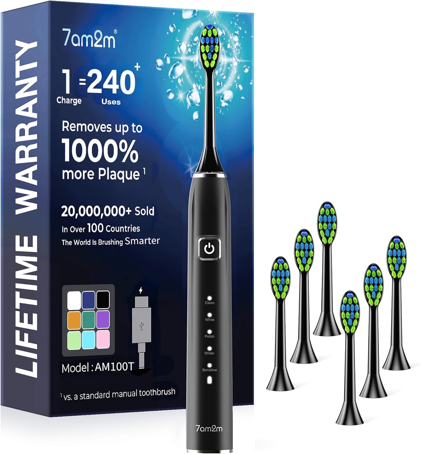 7AM2M Sonic Electric Toothbrush for Adults&Kids, Type-C Charging Run for 120 Days, with 6 Brush Heads, 5 Modes&40000VPM Powered Rechargeable Toothbrush, Travel & Home Use (Black)