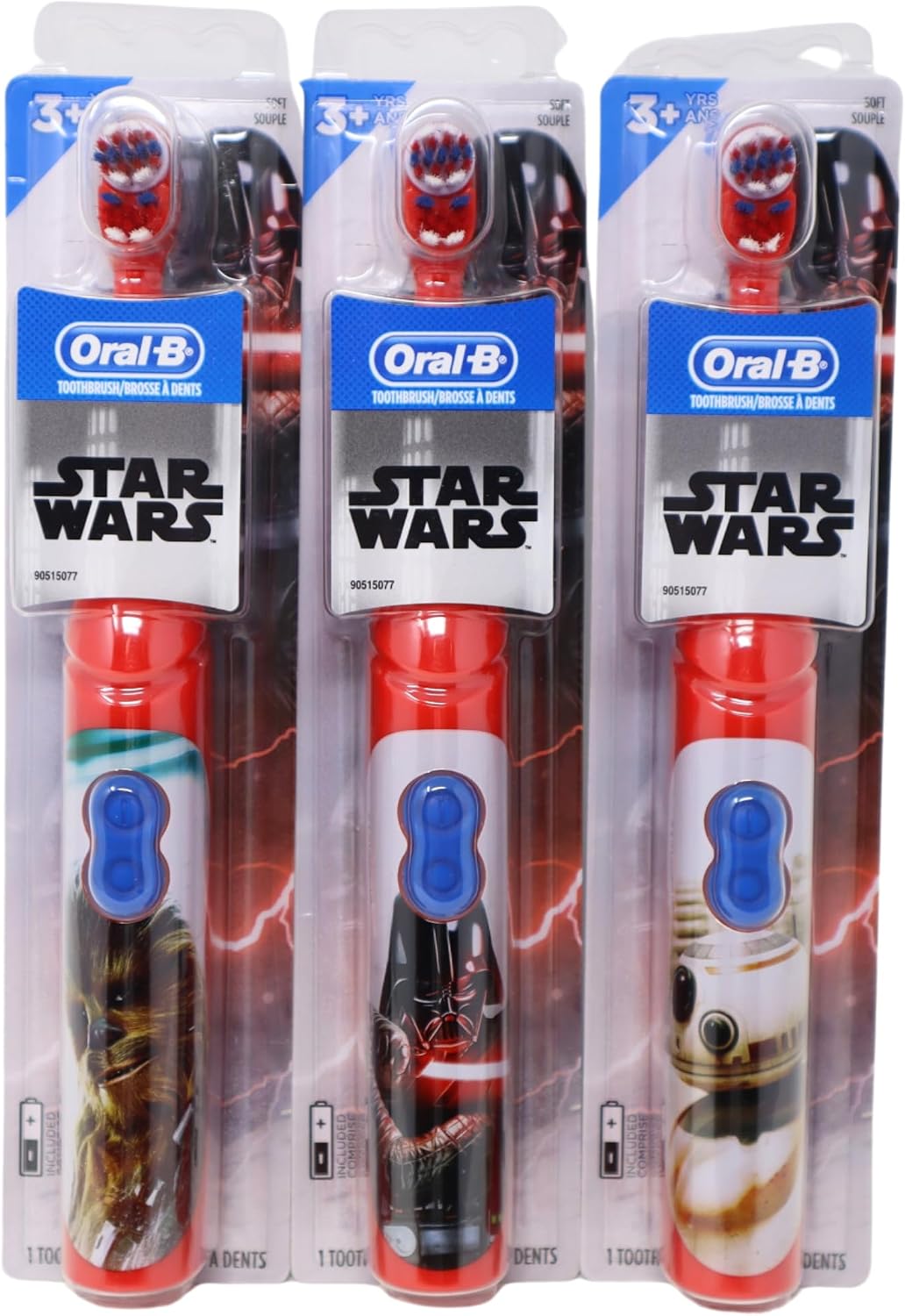 Oral-B Kid’s Battery Power Toothbrush with Timer Featuring Disney’s Star Wars Characters, Red, Pack of 3, Chewbacca, Darth Vader, and BB-8