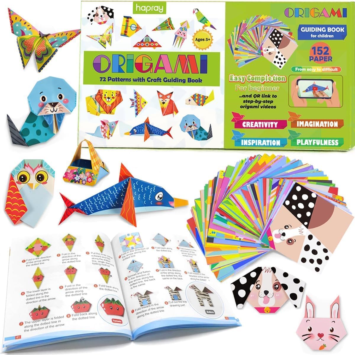 hapray Origami Kit for Kids Ages 5-8 8-12, with Guiding Book, 152 Paper with 72 Patterns, DIY Art and Craft Projects, Beginners Children’s Day Gift Boy Girl