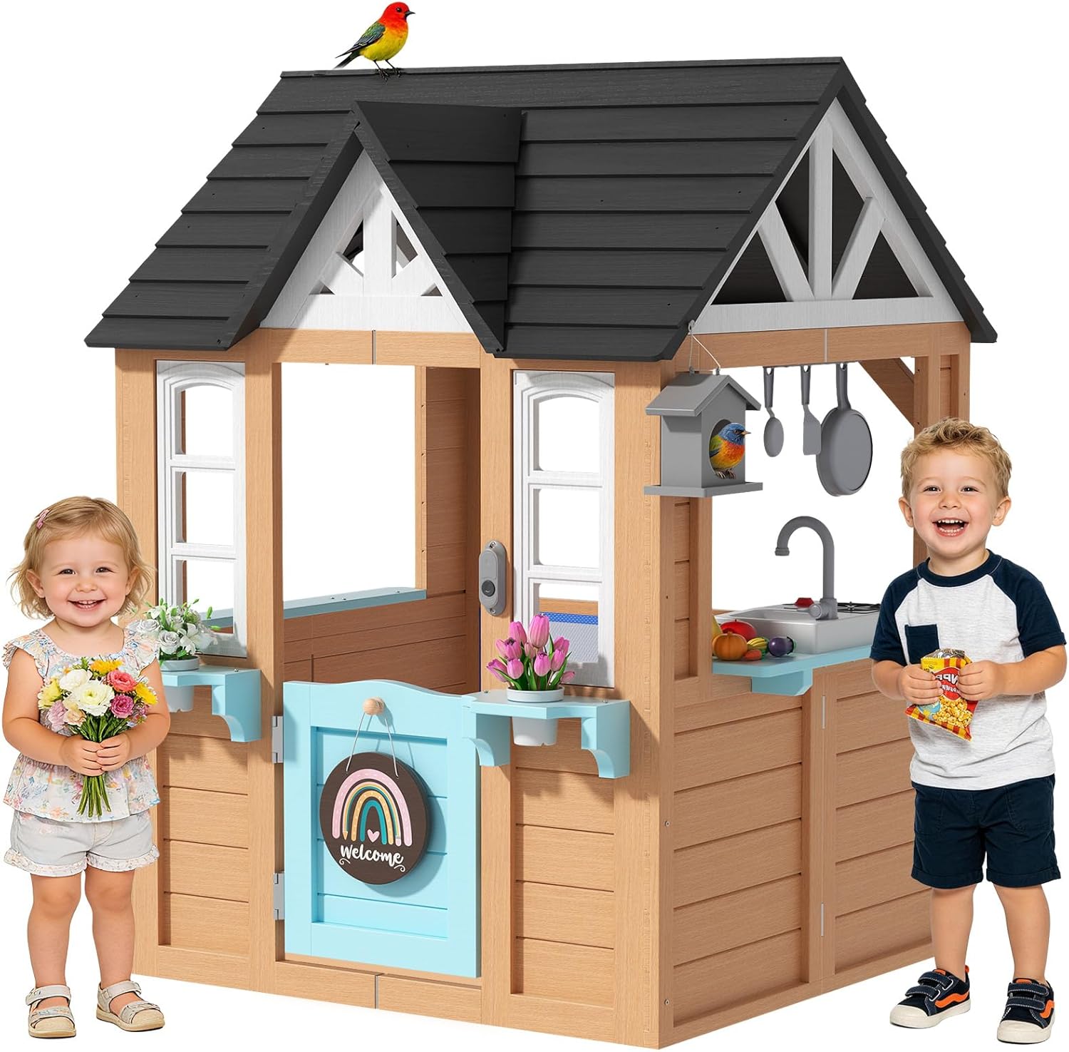 BIERUM Outdoor Playhouse for Kids – Wooden Kid Play House with Play Kitchen, Birdhouse, Flowerpot Holders and Mud Molds, Premium Wood Kids Cottage for Ages 3-8, Backyard Pretend Play, Blue & Brown